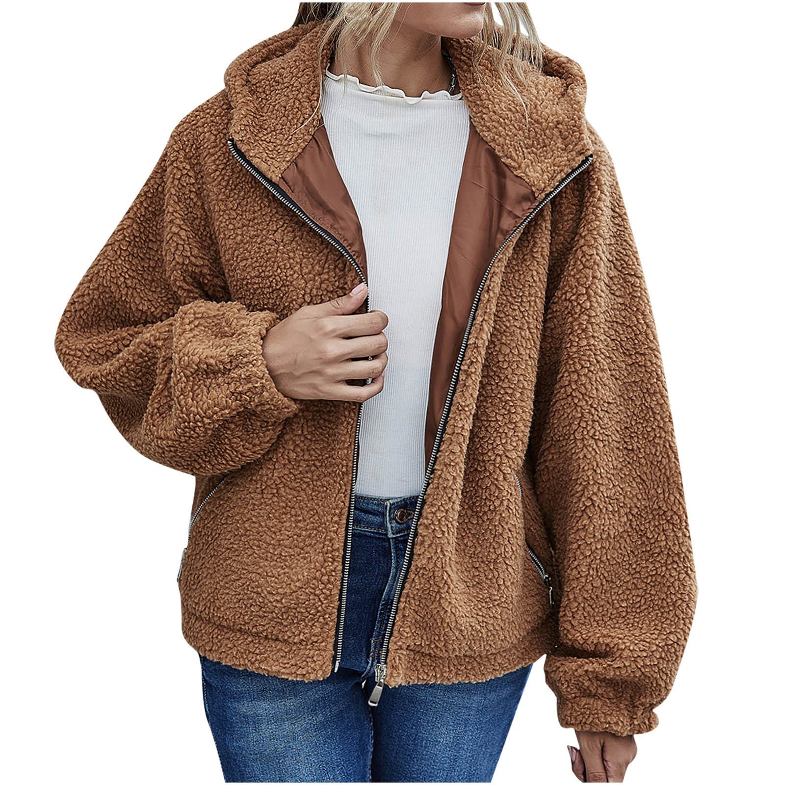 Women's Sherpa Fleece Jacket with Full Zip & Hood - Plush Long Sleeve Winter Coat for Outdoor Activities, Hiking, and Cold Weather - Warm Solid Color Fleece Outwear