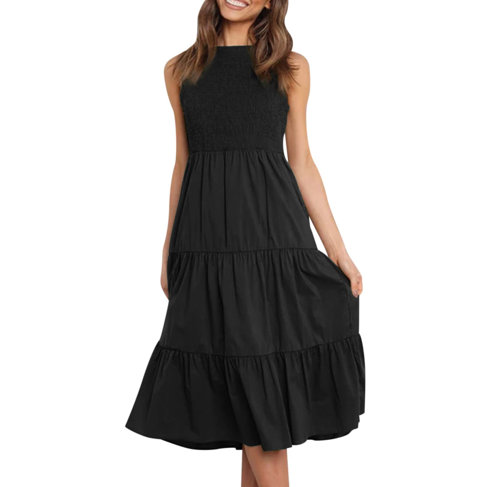 Boho Women's Summer Casual Dress - Sleeveless Midi Maxi Dress with Smocked Waist, A-Line Solid Long V-Neck Flowy Dress for Beach, Vacation & Outdoor Parties