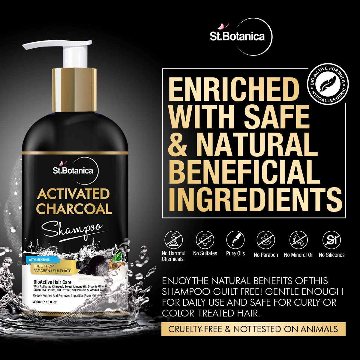 StBotanica Activated Charcoal Shampoo for Detox & Scalp Care - 300ml Sulfate-Free, Paraben-Free with Organic Olive Oil, Almond Oil & Vitamin E - Refreshing Menthol Formula with Silk Protein - Perfect for Oily Hair & Dandruff Control