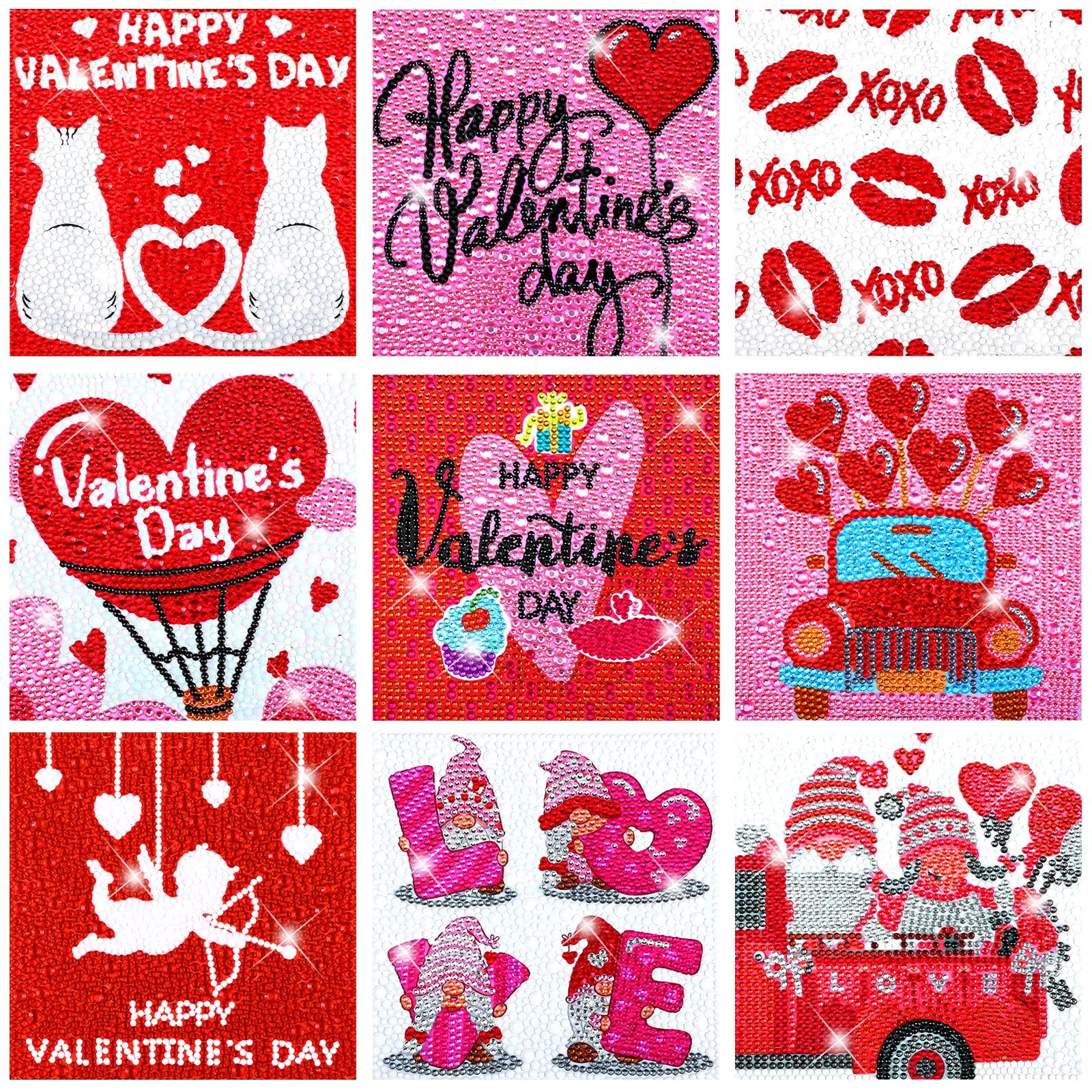 9 Pcs 5D Diamond Painting Kits for Christmas & Valentine's Day - Round & Square Drill Diamond Art with Heart Design | DIY Home Decor, Gift for Women, Party Craft Activity