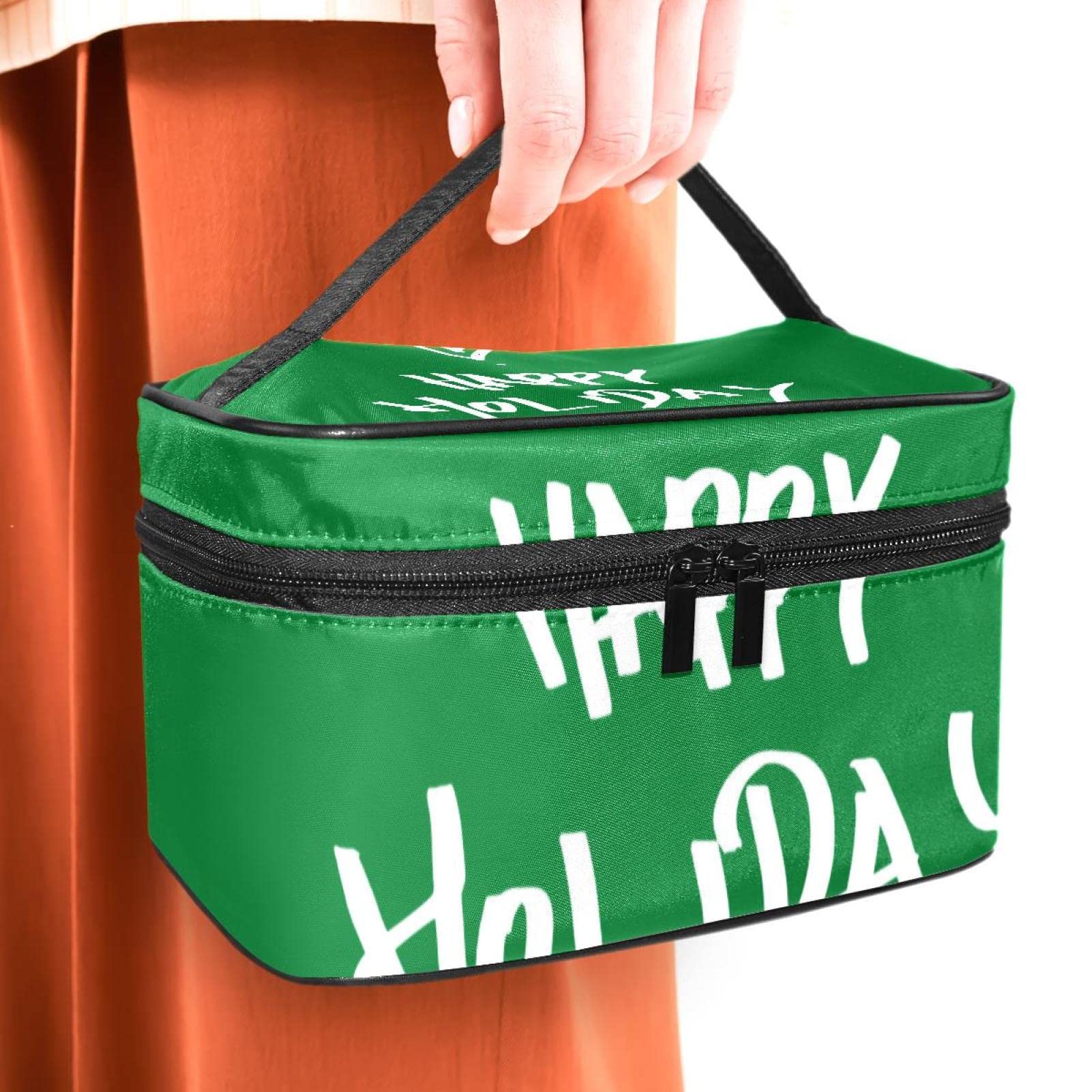 Portable Travel Makeup Organizer Bag for Women - Waterproof Cosmetic Case with Multiple Pockets, Perfect for Toiletries & Beauty Essentials | Great for Vacation, Business Trips & Daily Use (Happy Holiday Green)