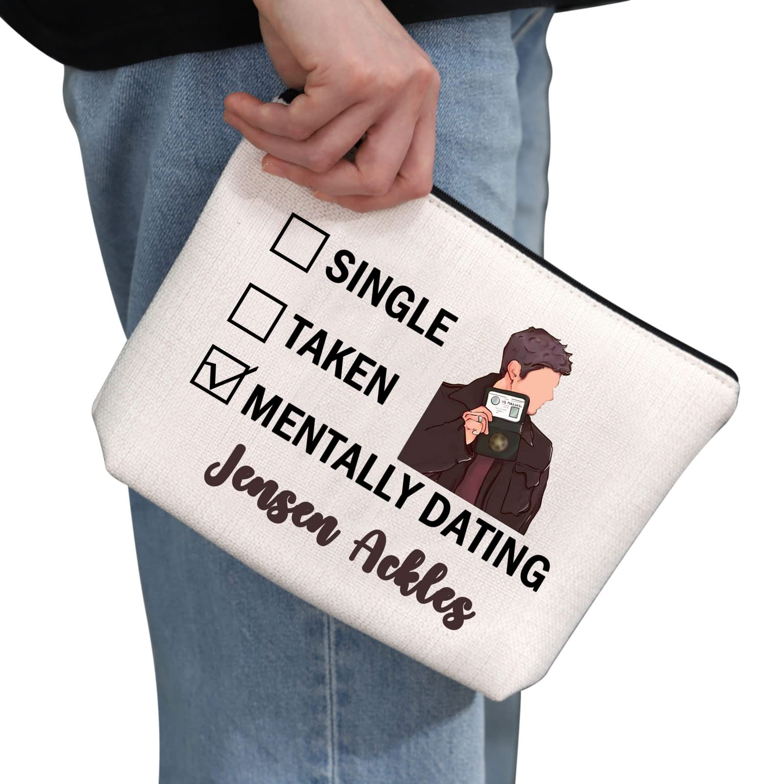 Jensen Ackles Inspired Makeup Bag - Dean Winchester Fan Cosmetic Pouch | Supernatural Merchandise & Gift for Women | Travel, Cosmetics Storage & Fan Collection (White)