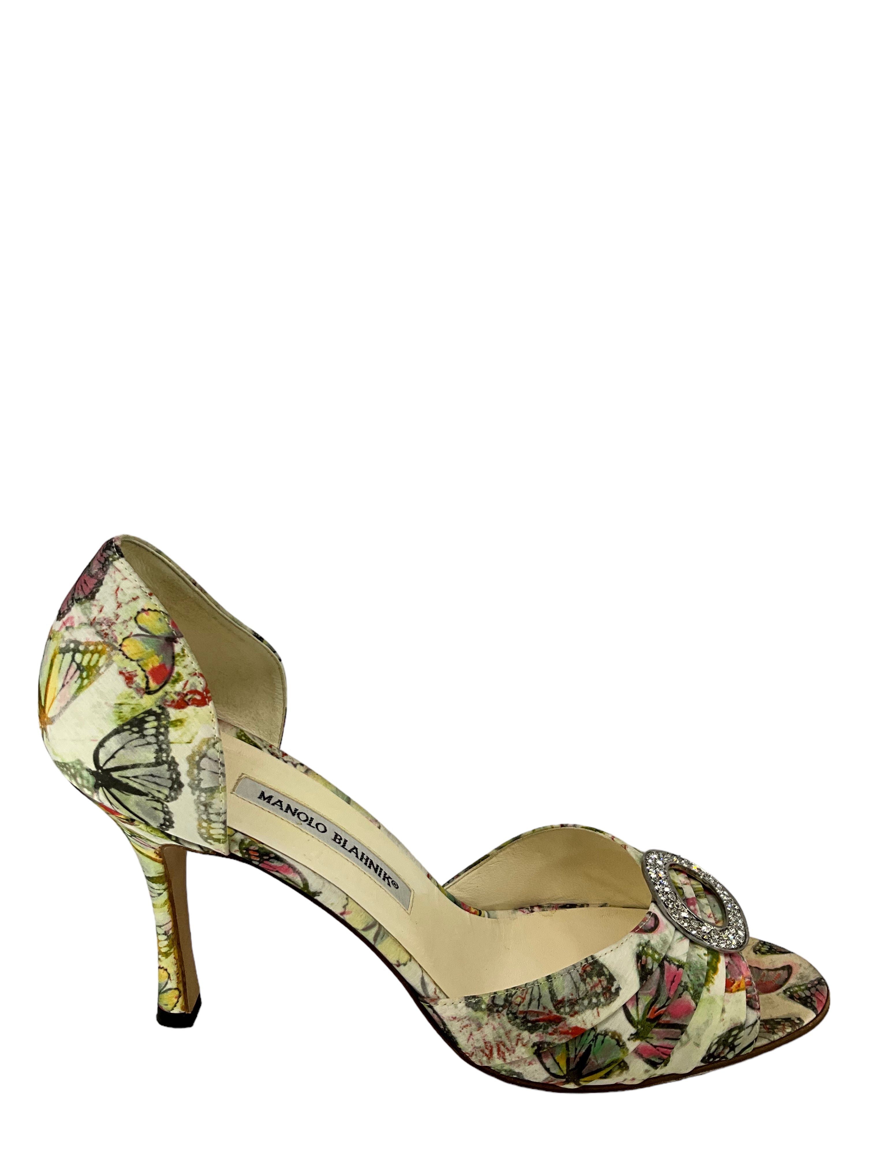 Manolo Blahnik Women's Size 11 Fabric Butterfly Print Pumps - Elegant Heels for Weddings, Parties & Special Occasions