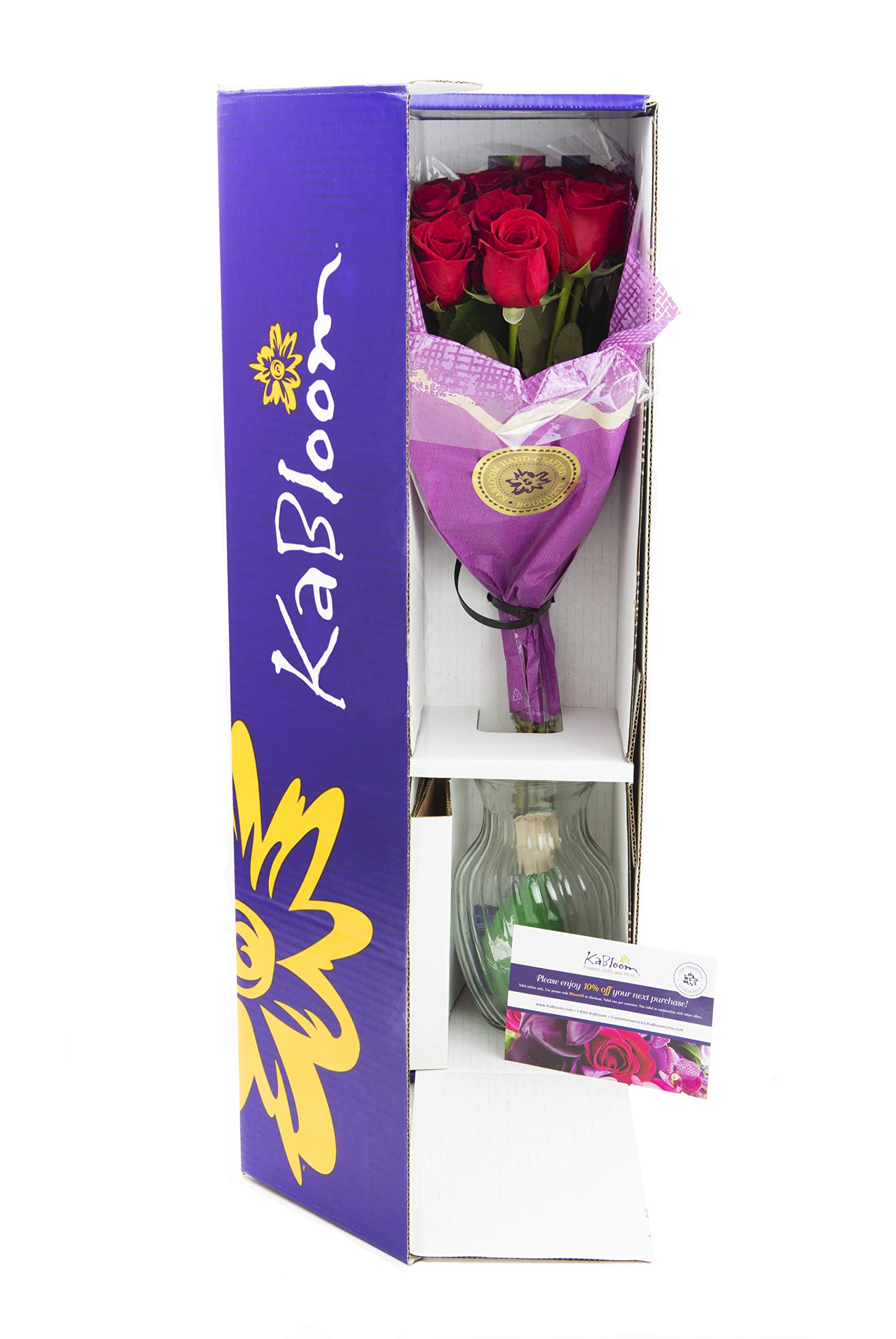 KaBloom PRIME NEXT DAY DELIVERY - Romantic Classic Bouquet of 18 Fresh Red Roses with Glass Vase - Birthday, Anniversary, Valentine's Day, Mother's Day Gift - Perfect for Weddings, Home Decor & Romantic Surprises