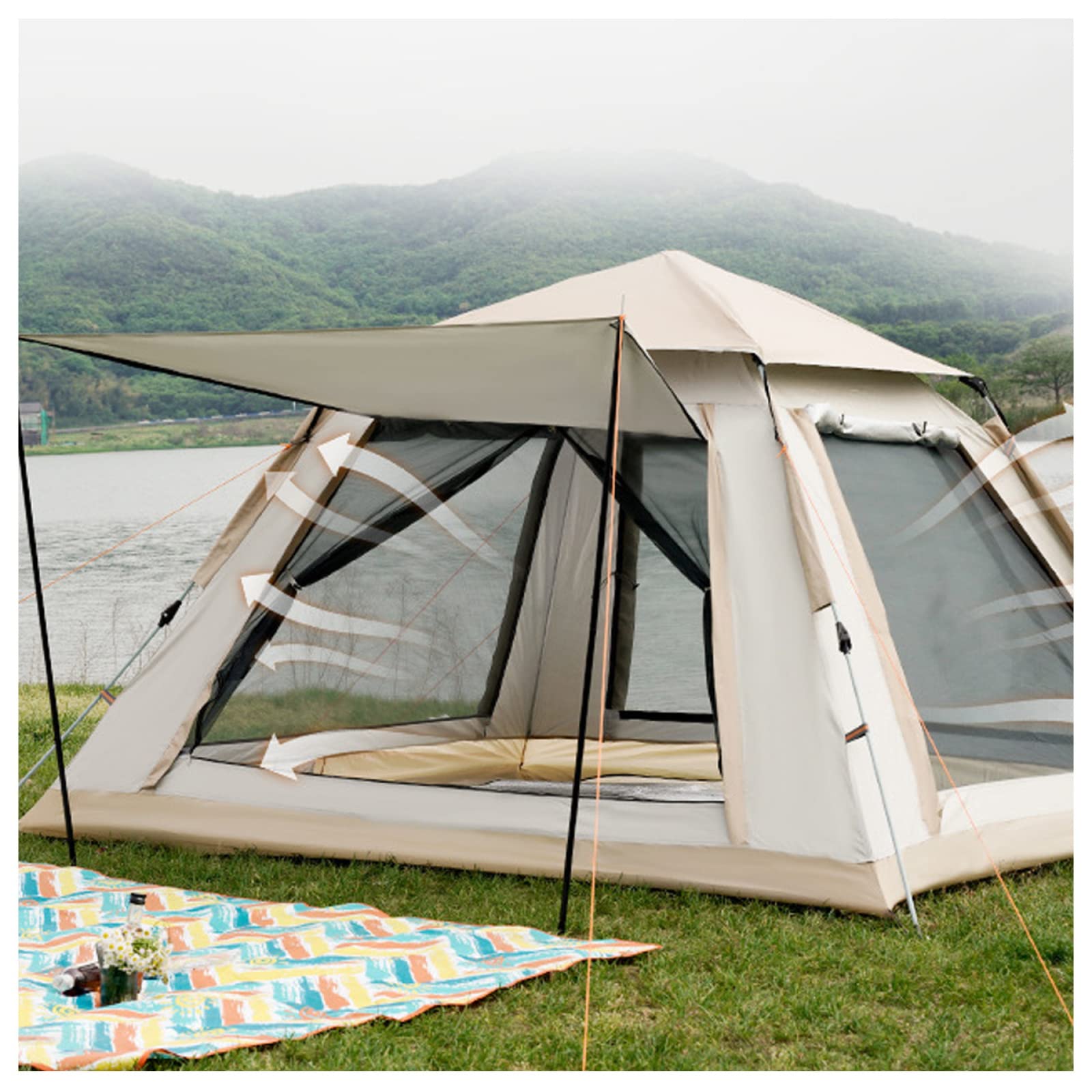 4 Person Waterproof Family Camping Tent with Double Doors & Four Windows - Advanced Weatherproof Design for Outdoor Adventures, Hiking, and Backpacking Trips
