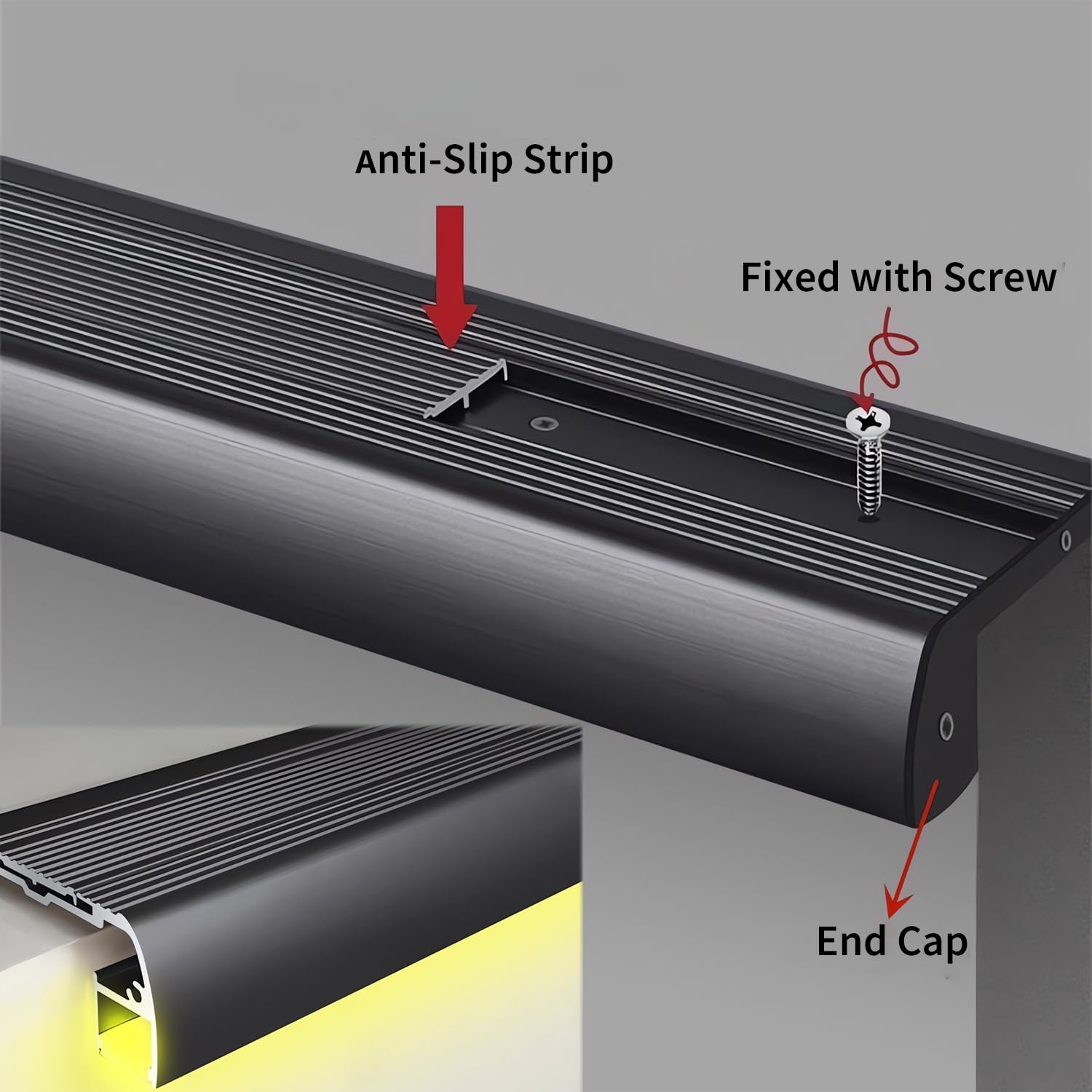 10-Pack 1M Anti-Slip Aluminum LED Stair Nosing Trim - Silver Stair Edge Channel Cover with Safety Backlight, Step Protector & Deck Hard Bar Strip Light for Indoor/Outdoor Stairs, Steps & Decks