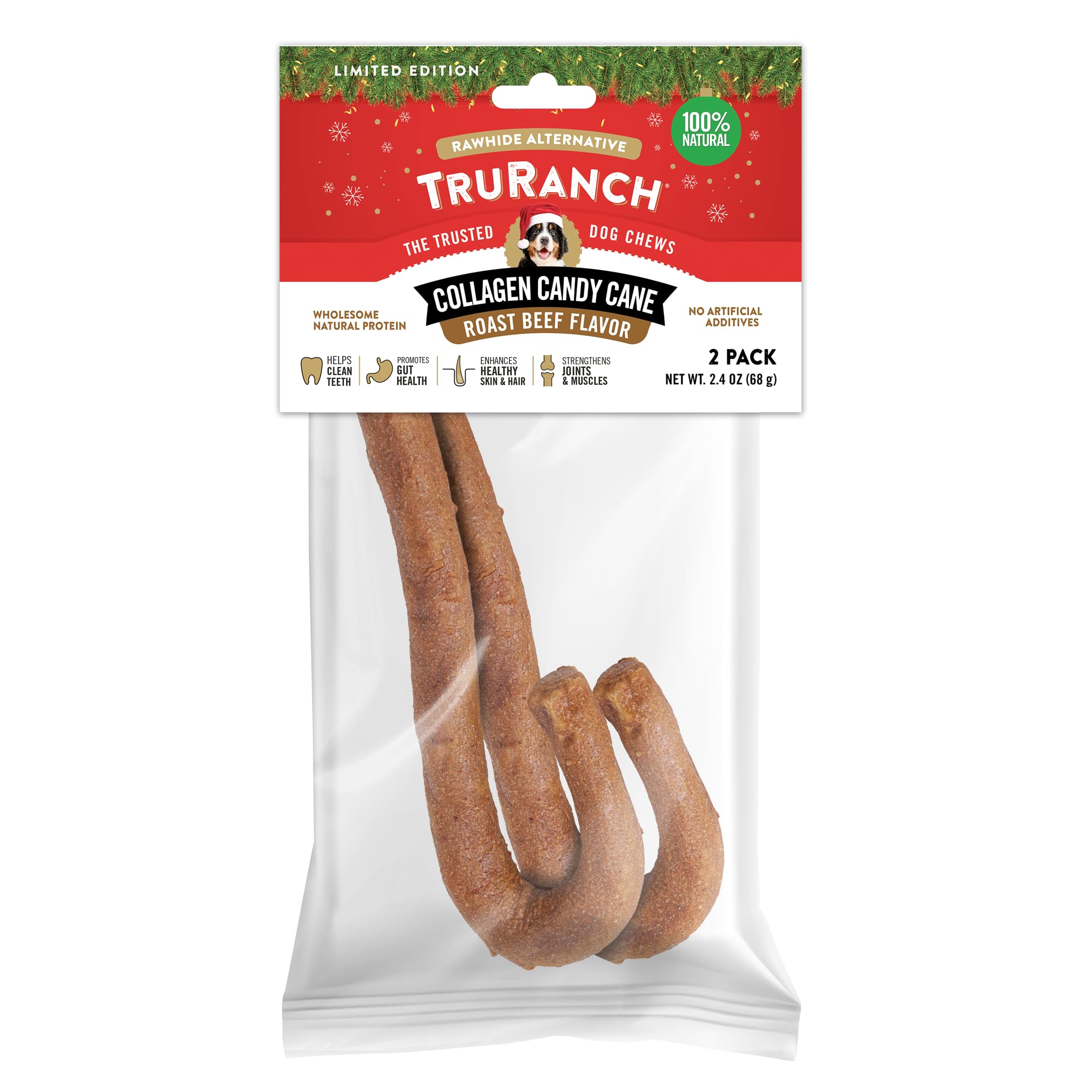 Natural Collagen Chew Candy Cane Dog Treats - 2 Count Bag | Holiday Stocking Stuffer, Limited Edition Rawhide Alternative for Dogs | Perfect for Christmas Gifts & Puppy Teething Relief