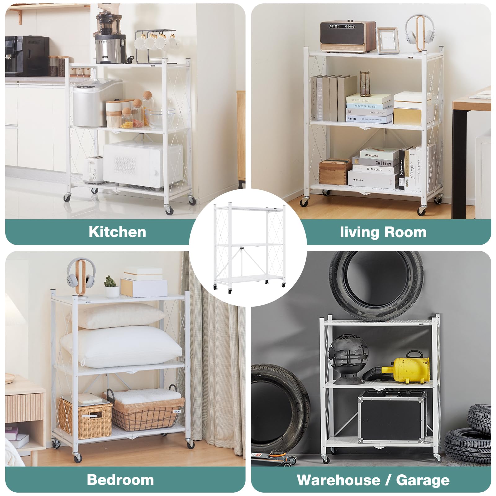 Foldable Metal Storage Shelves with Wheels - 3-Tier White Bookshelf for Kitchen, Office, Laundry & Garage - Easy Assembly Free Organizer for Home Storage & Space Saving