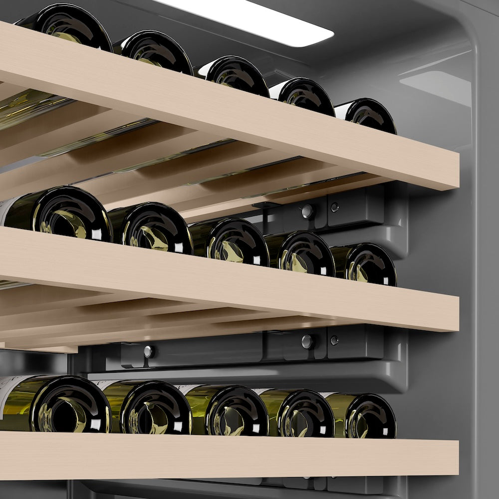 ZLINE Autograph Edition 24 Inch 12.4 cu ft Triple Zone 100 Bottle Panel Ready Column Wine Cooler with Matte Black Accents - Perfect for Home Bars, Restaurants, and Wine Cellars (RBCWVZ 24 MB)
