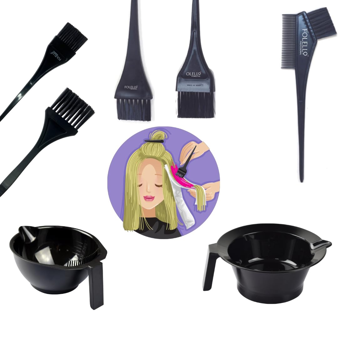 FOLELLO Professional Hair Coloring Kit with 2 Mixing Bowls, 1 Rat Tail Brush & 4 Tint Brushes - 7 Piece DIY Hair Dye Set for Salon-Quality Results at Home - Perfect for Ombre, Highlights & Root Touch-Ups