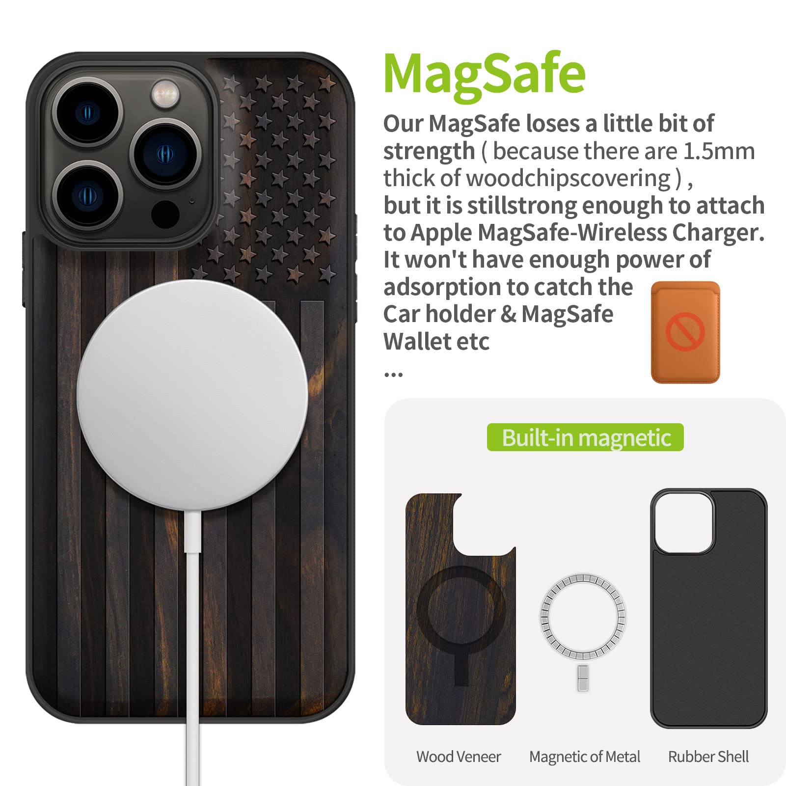 Carveit Magnetic Wood Case for iPhone 13 Pro - Hard Real Wood & Soft TPU Hybrid Protective Cover - Shockproof, Slim & Stylish - MagSafe Compatible - American Flag Blackwood Design - Perfect for Outdoor, Office & Everyday Use