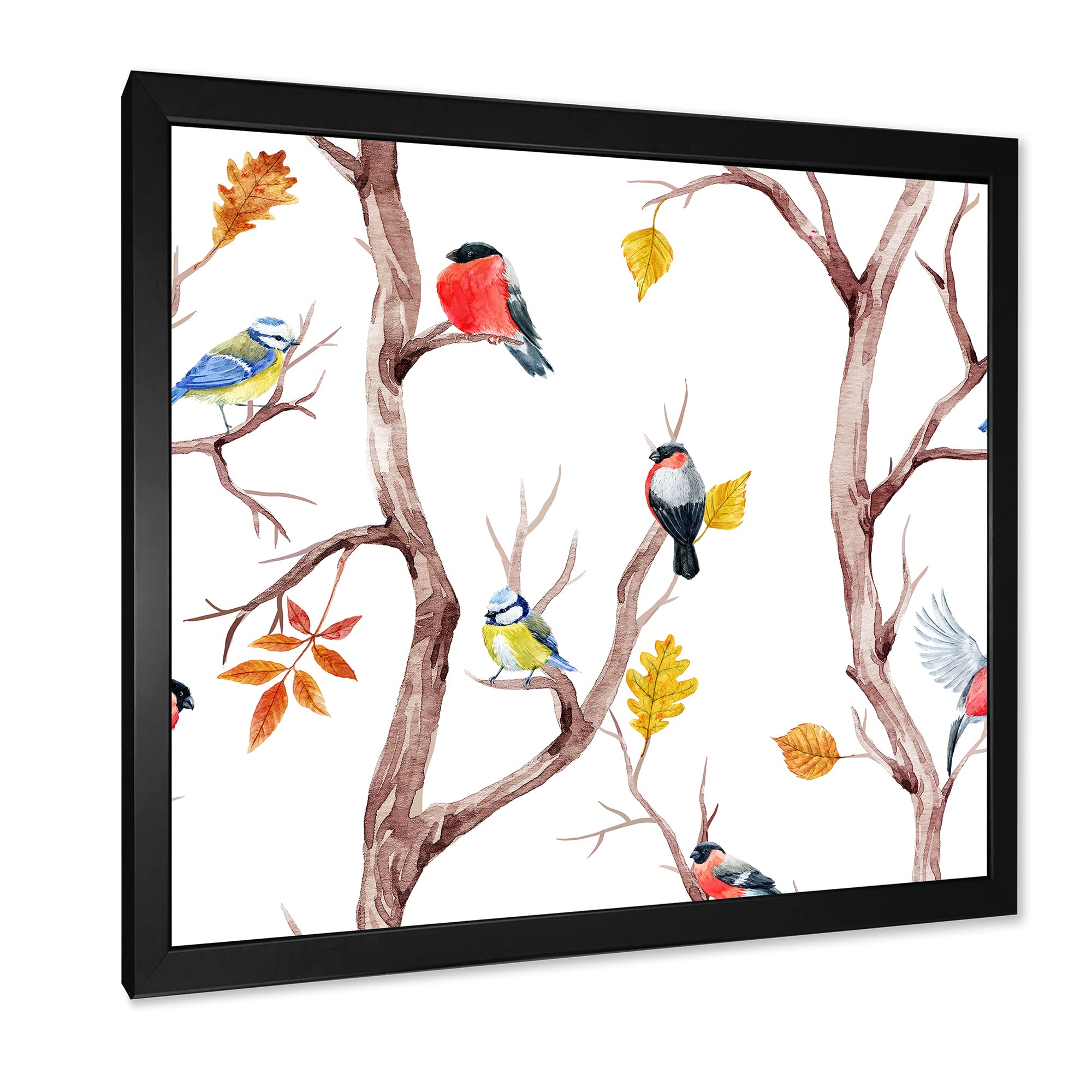 DesignQ Fall Trees and Little Birds Traditional Framed Wall Art - Autumn Landscape Painting for Home Decor, Living Room, Bedroom & Office