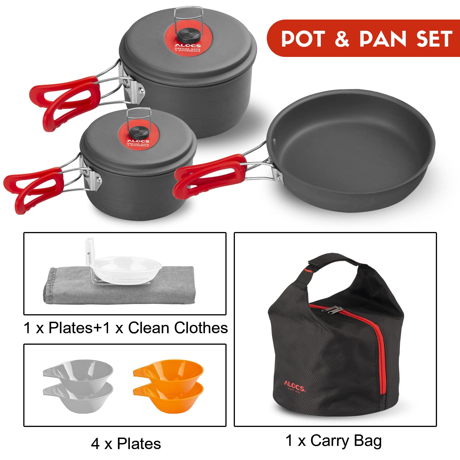 Alocs Camping Cookware Set - Lightweight & Portable Outdoor Cooking Kit with Accessories for Camping, Backpacking, Hiking, Picnic - Perfect for RV Trips, Beach BBQs and Family Outdoor Adventures