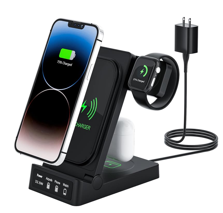TechFlow 3-in-1 Foldable Fast Wireless Charger for iPhone 15/14/13/12/11/Pro Max/X/XS/XR/8 Plus, Apple Watch Series 9/8/7/SE/6/5/4, AirPods 3/Pro/2 - Black | Multi-Device Charging Station for Home, Office & Travel