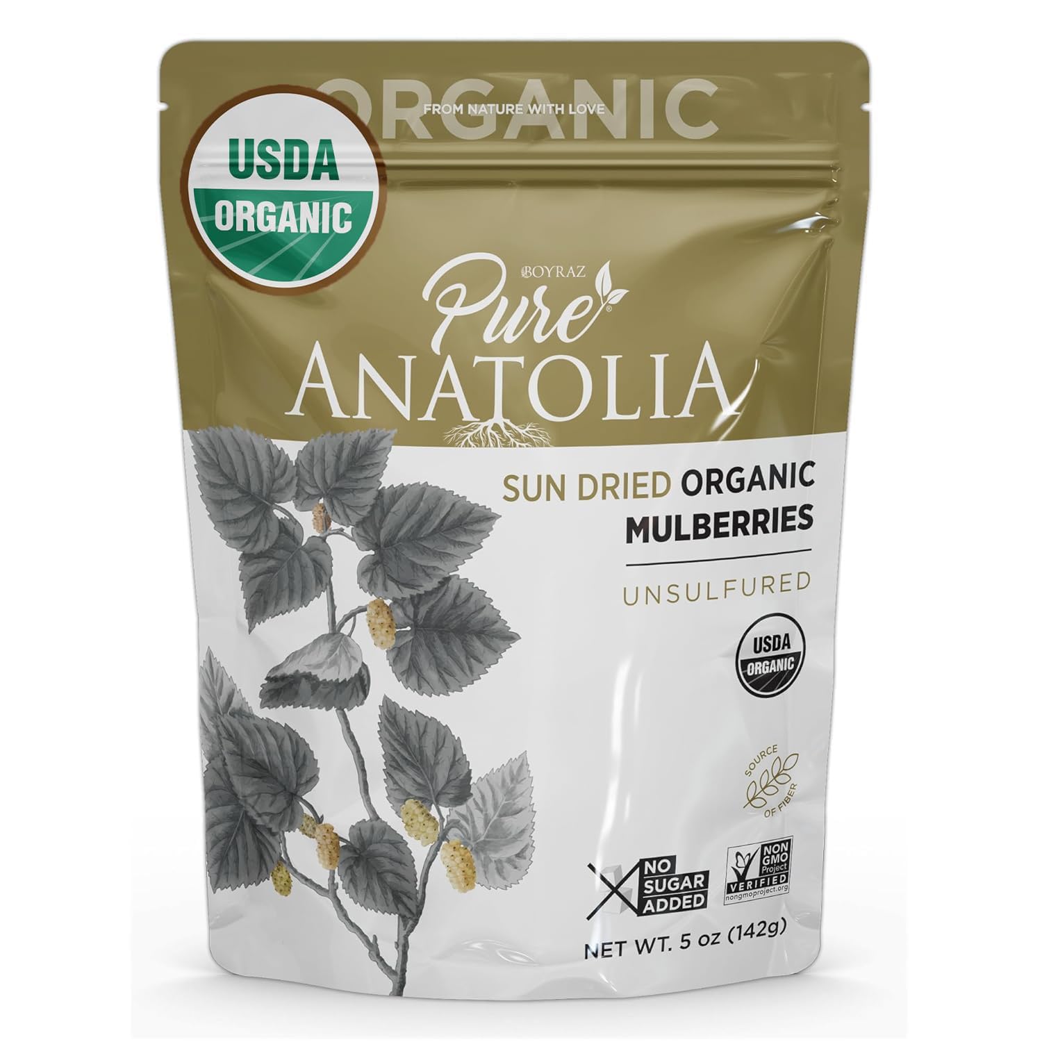Pure Anatolia 100% Organic Sun-Dried White Mulberries - Non-GMO, No Sugar Added, Sulfur-Free, Healthy Whole Fruit Fiber Snack - 5oz Resealable Bag | Perfect for Smoothie Bowls, Yogurt Toppings & Healthy On-the-Go Snacking