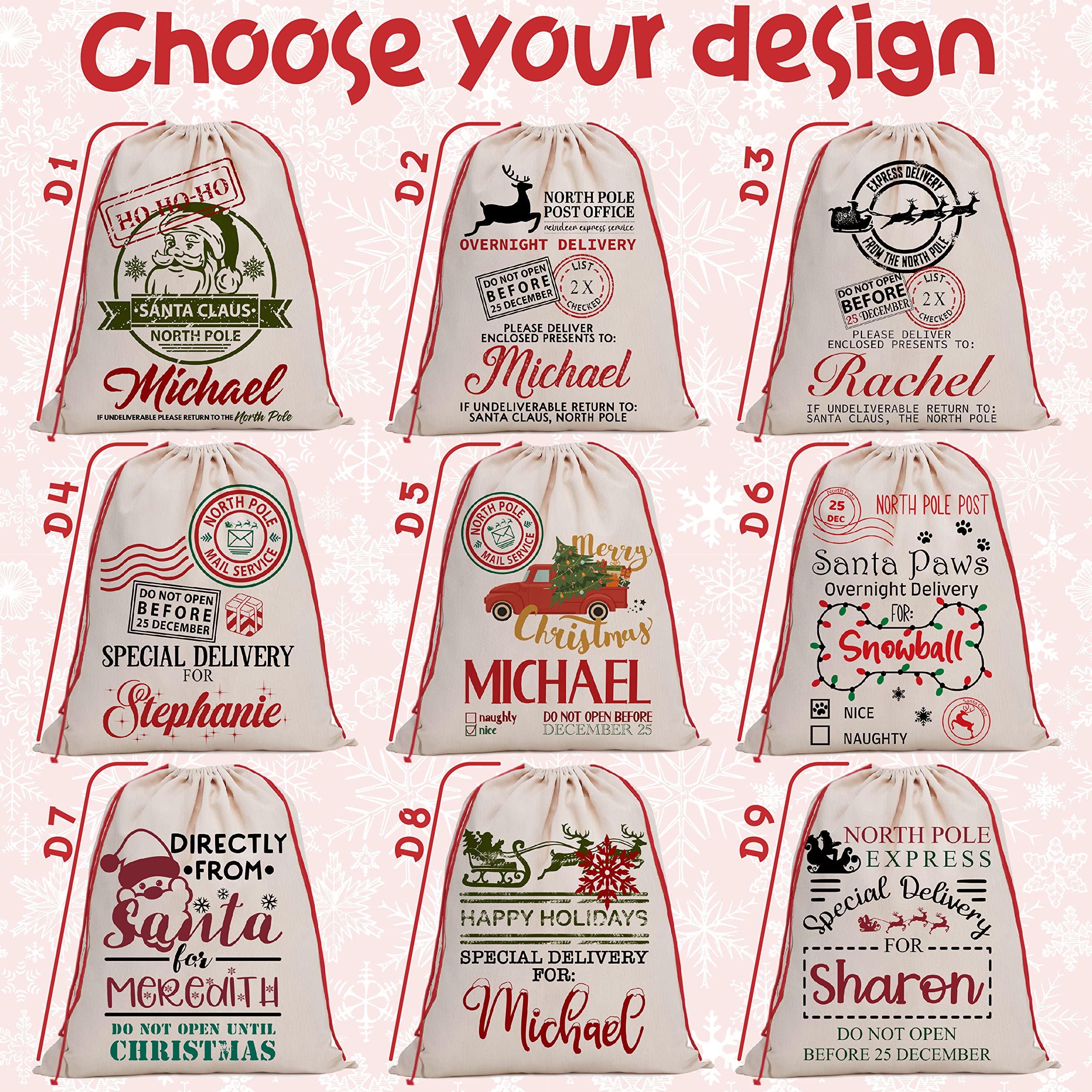 Personalized Santa Sack Gift Set of 4 - Custom Christmas Stocking Bags with Name - 9 Festive Design Options - 27.6