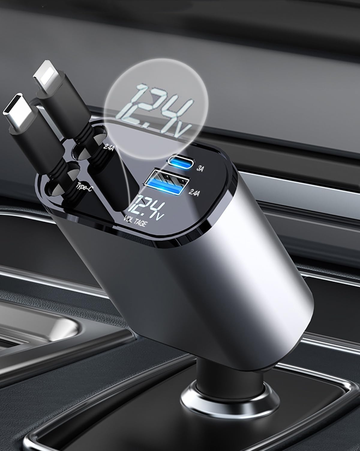 60W 4-in-1 Retractable USB C Car Charger with 2.6Ft Cables & Dual USB Ports - Fast Charging for iPhone 16/15/14/13/12/11 Pro Max/XS MAX, iPad, Galaxy S25 Ultra/S25+ - Perfect for Road Trips & Daily Commutes