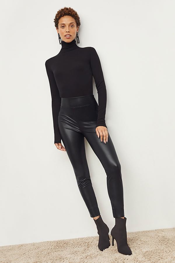 Vegan Stretch Leather Harrington Legging - High Waist Black Faux Leather Pants for Women | Perfect for Workout, Yoga, and Casual Wear