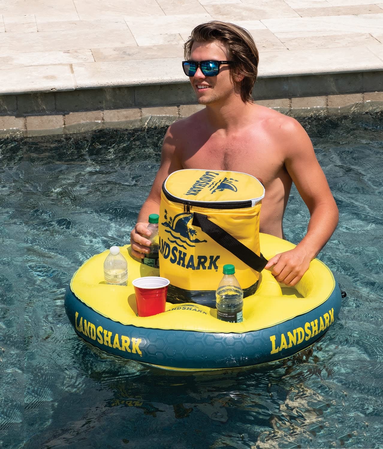 Land Shark Float N Go Island Style Lounger - Premium Inflatable Pool Float for Adults, Yellow, One Size - Perfect for Pool Parties, Beach Relaxation & Summer Vacations