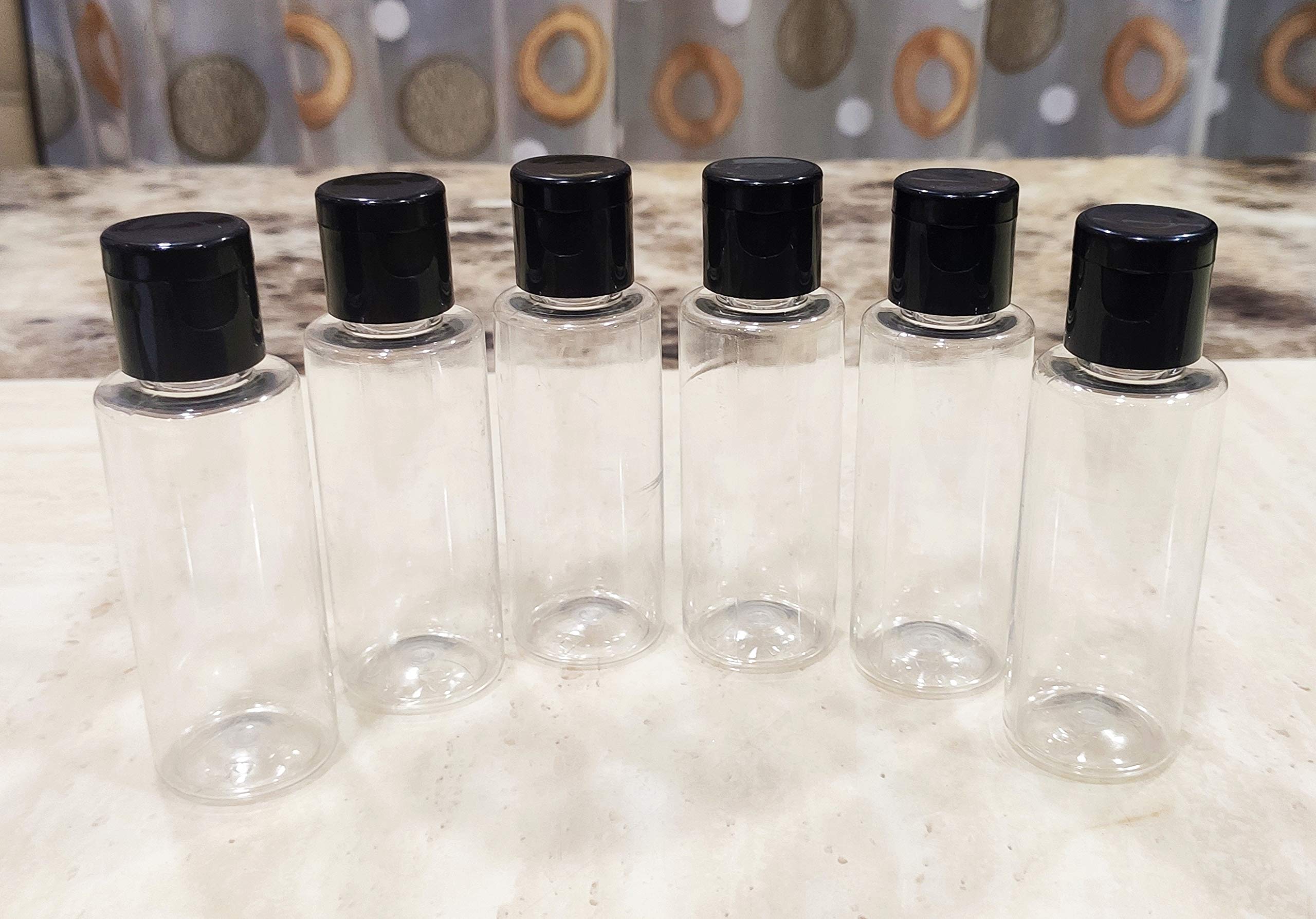 SPC Empty Clear Refillable Round Plastic Bottles with Flip Top Lids for Hand Sanitizer, Travel Essentials & Toiletries - 50ml (Black) - 6 Pack - Perfect for DIY Liquids, Travel Size Products & Home Organization