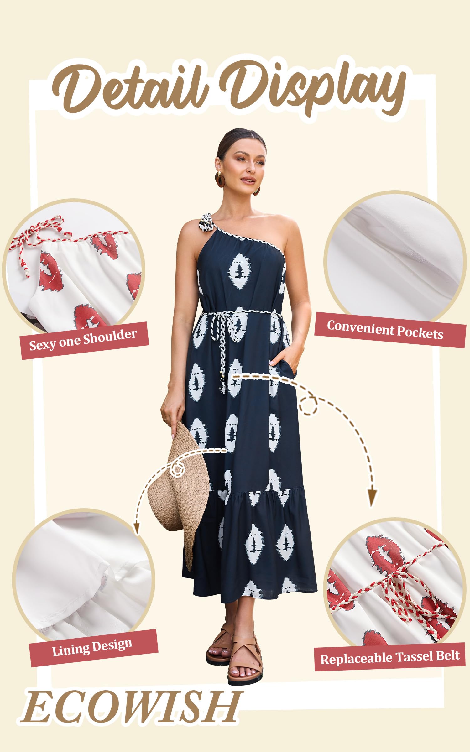 ECOWISH Women's Summer Maxi Dress - Casual One Shoulder Midi Dress for Beach Vacation | Boho Resort Long Sundress with Pockets | Perfect for Pool Parties, Tropical Getaways & Summer Outings 2025
