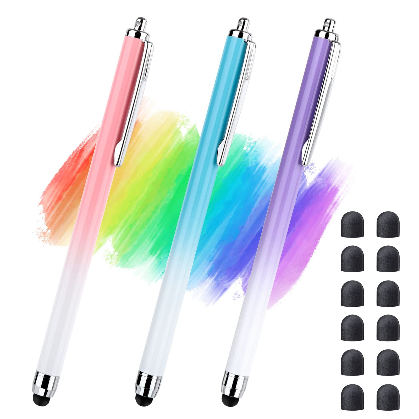 3 Pack Stylus Pens for Touch Screens with 12 Extra Replaceable Rubber Tips - Gradient Pink Purple Blue - Perfect for iPad, iPhone, Samsung Tablets & Digital Drawing