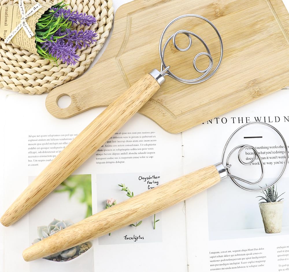 2-Pack Rustproof Stainless Steel Danish Dough Whisk - 13 Inch Wooden Handle Bread Mixer for Sourdough, Pizza Dough, Pastry & Baking - Perfect for Home Bakers & Professional Kitchens