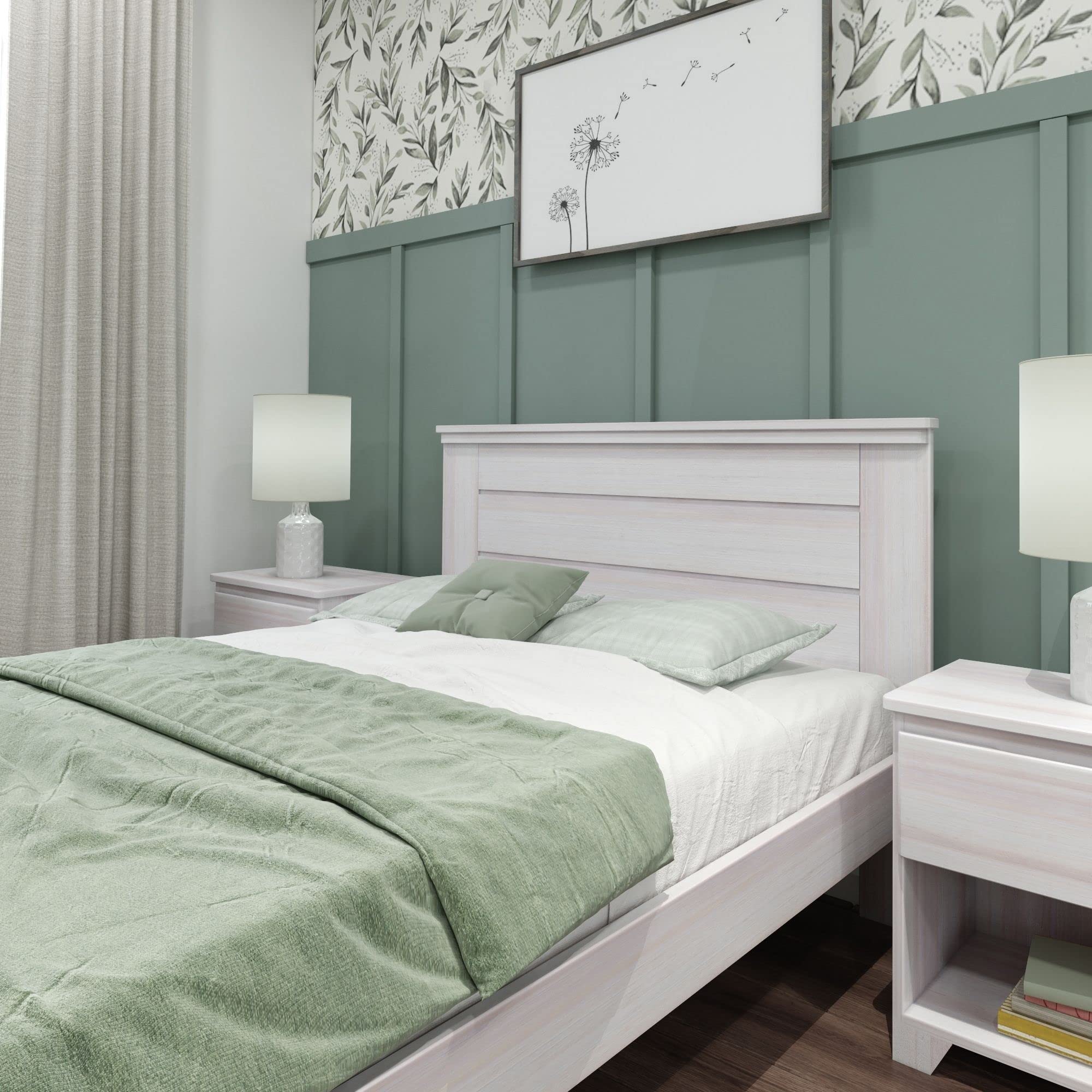 Max & Lily Modern Farmhouse Platform Bed with Panel Headboard - Full Size White Wash Wooden Bed Frame for Bedroom, Guest Room or Kids Room - Sturdy & Stylish Home Furniture