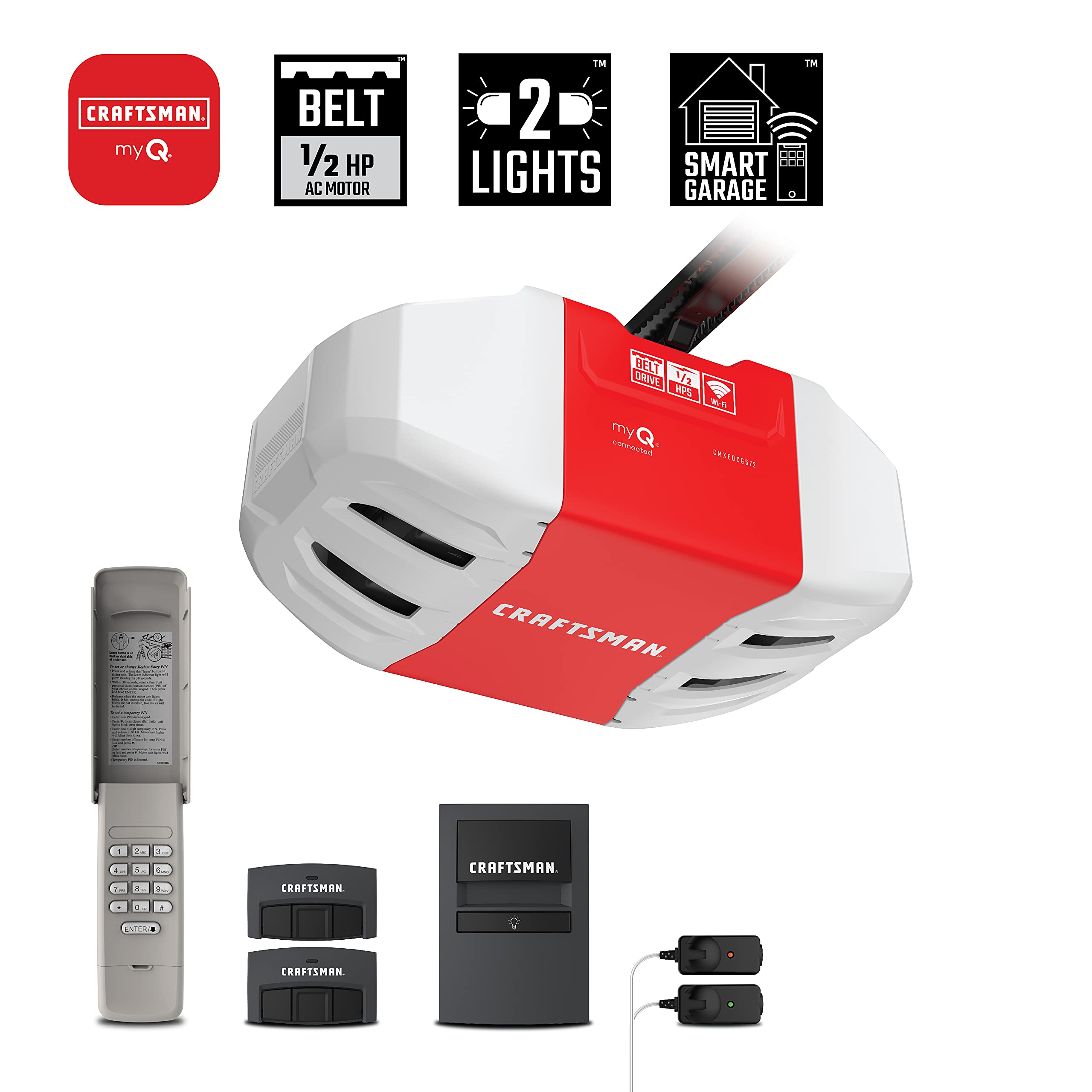 Craftsman CMXEOCG572 1/2 HP Smart Garage Door Opener with myQ Technology - Smartphone Controlled, Belt Drive, Wireless Keypad Included (Red) - Perfect for Home Security & Smart Home Automation