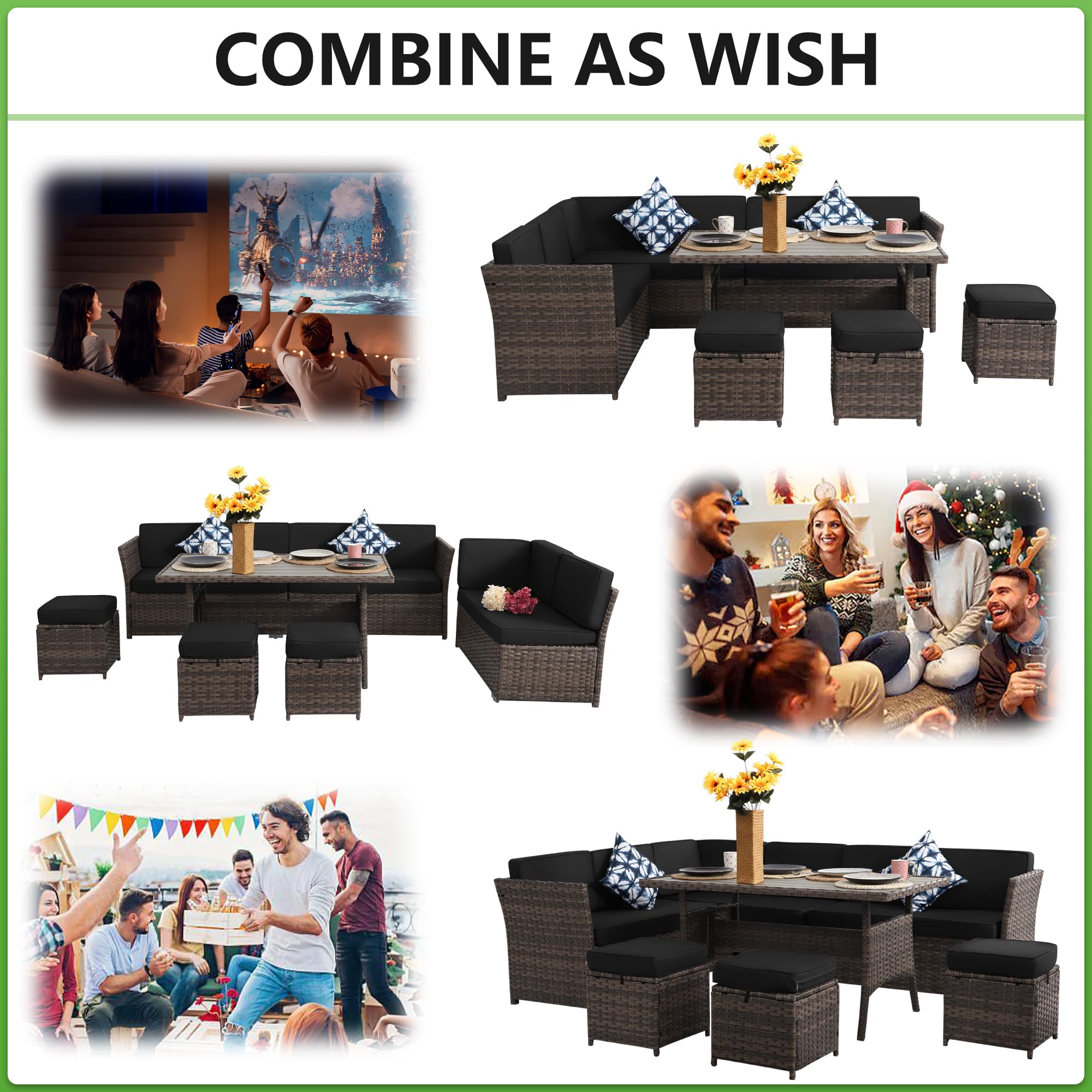 7-Piece All-Weather Brown Rattan Patio Furniture Set with Black Cushions - Outdoor Wicker Dining Table, Loveseat & Ottoman - Perfect for Backyard, Garden or Poolside Relaxation & Entertaining