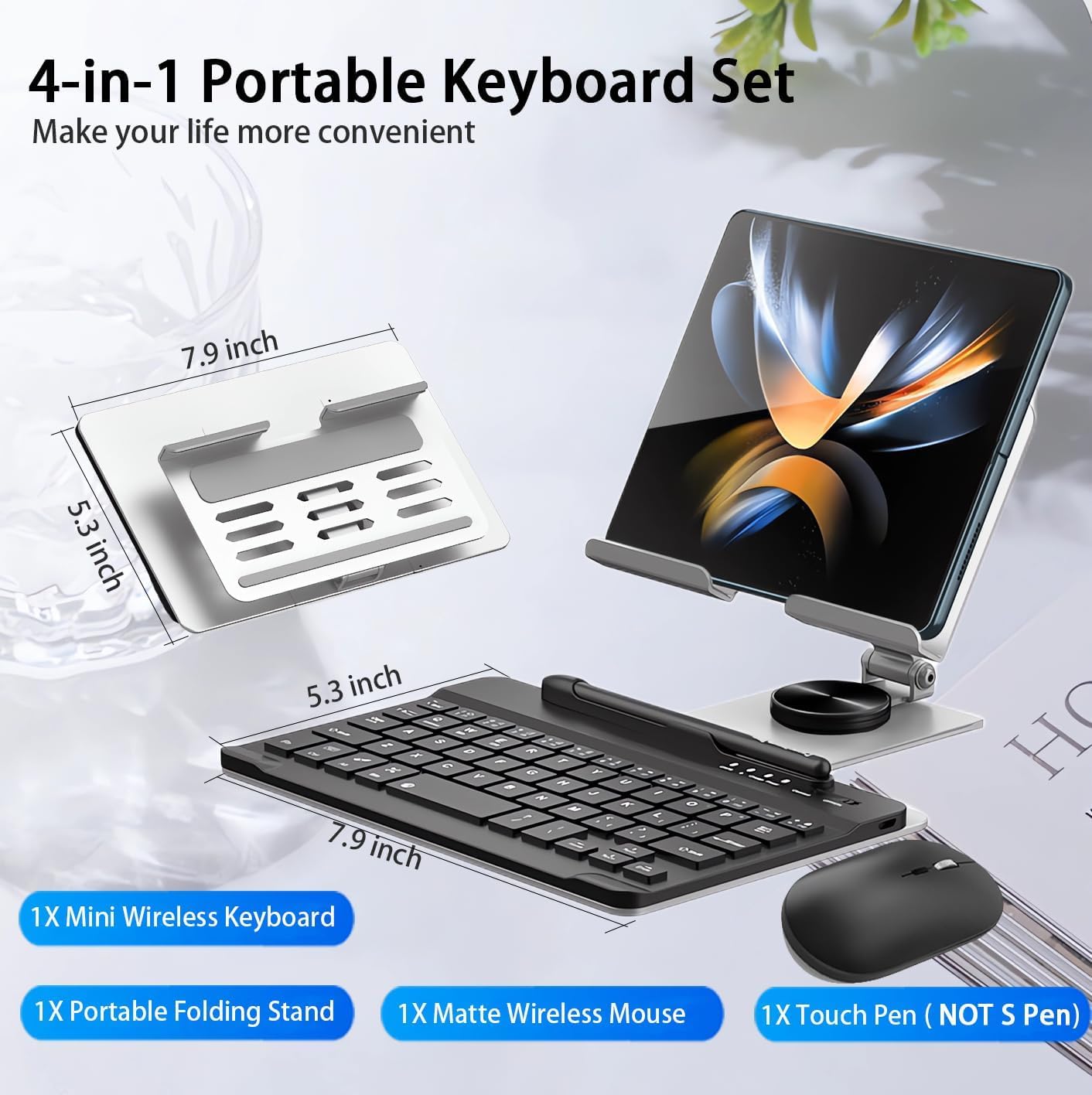 Samsung Galaxy Z Fold 6/5/4 Bluetooth Keyboard and Mouse Combo with Adjustable Stand | Portable Foldable Wireless Keyboard for Tablets | Perfect for Office Work, Travel & Home Use