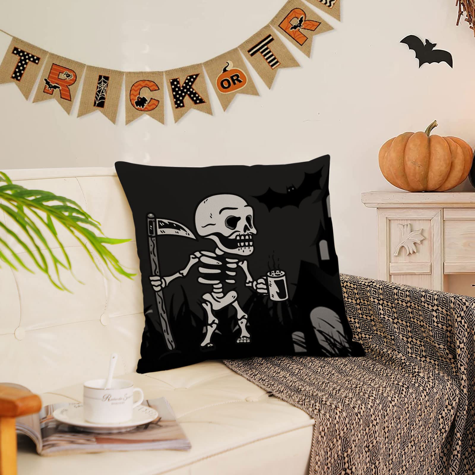 Halloween Pillow Covers 12x12 Set of 4 - Black Skeleton Ghost Throw Pillow Cases for Couch, Sofa & Outdoor Decor - Spooky Home Decorations for Halloween Party, Living Room & Porch