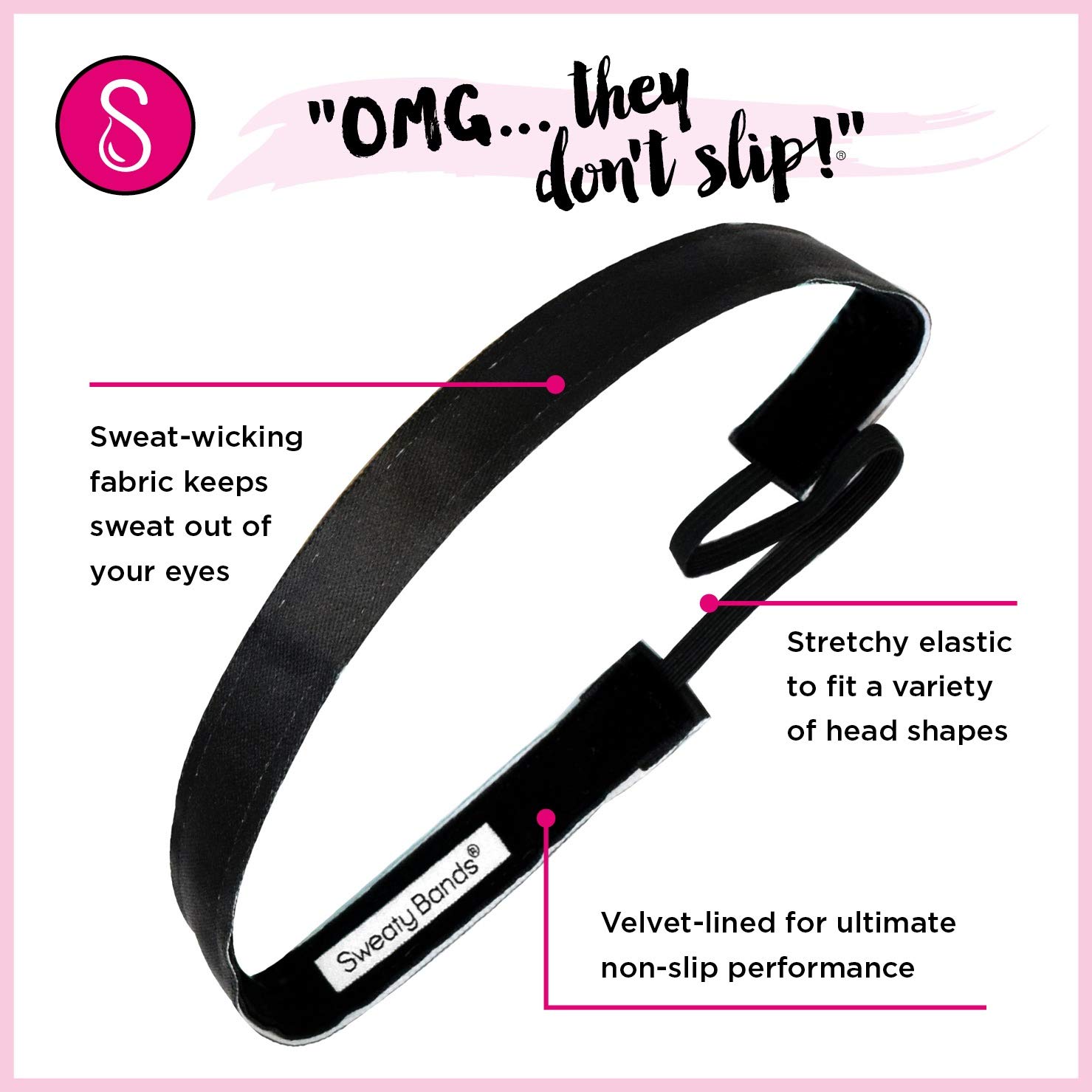 Non-Slip Velvet-Lined Headband for Women & Girls - Sweaty Bands Exercise Hairband in Rock Solid Black 3/8-Inch - Perfect for Yoga, Running, Workouts & Sports