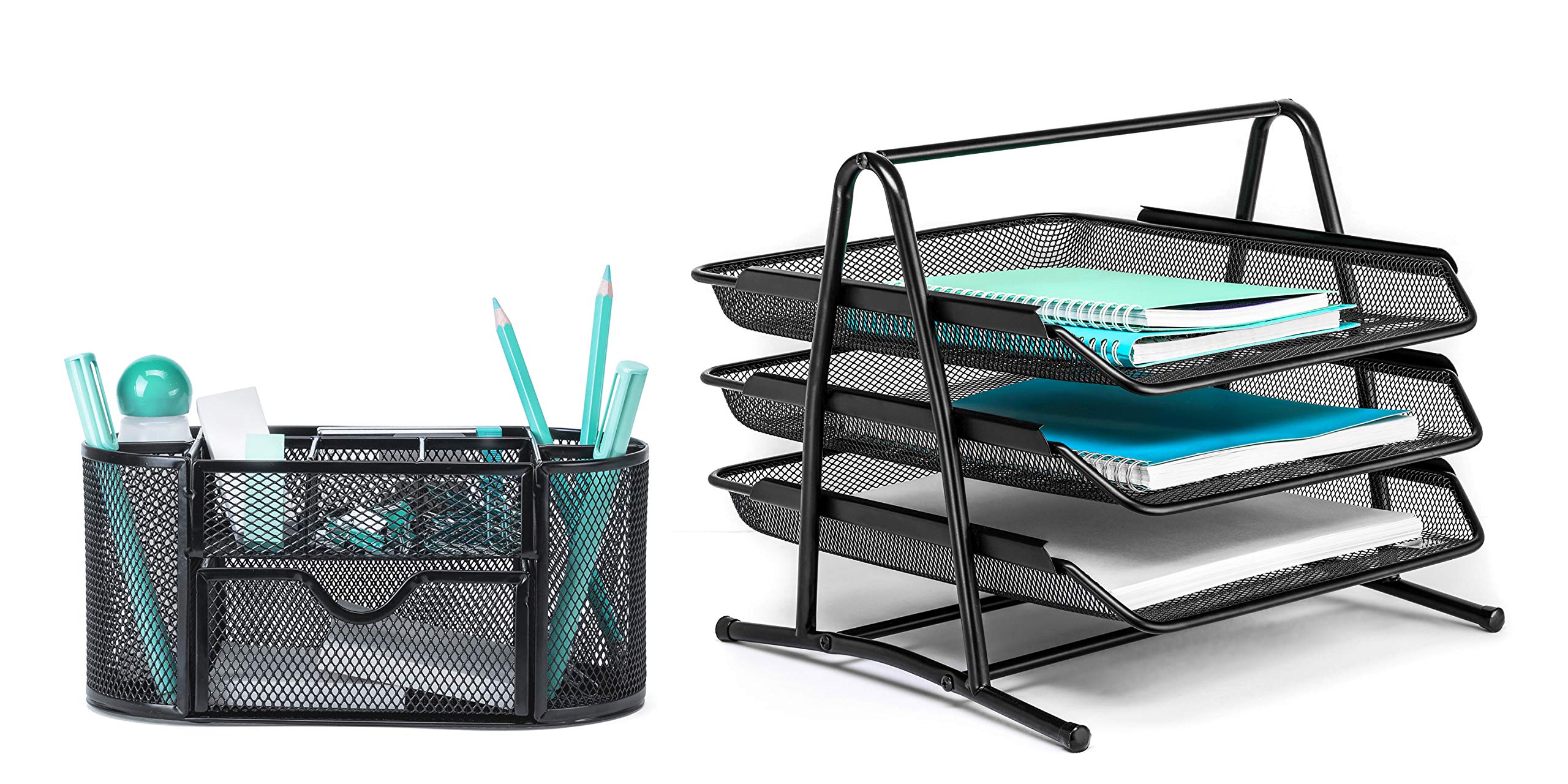 Mindspace Office Supplies Desk Organizer with 3-Tray Letter Holder | Mesh Collection in Black | Perfect for Home Office, Workstation & School Desk Organization