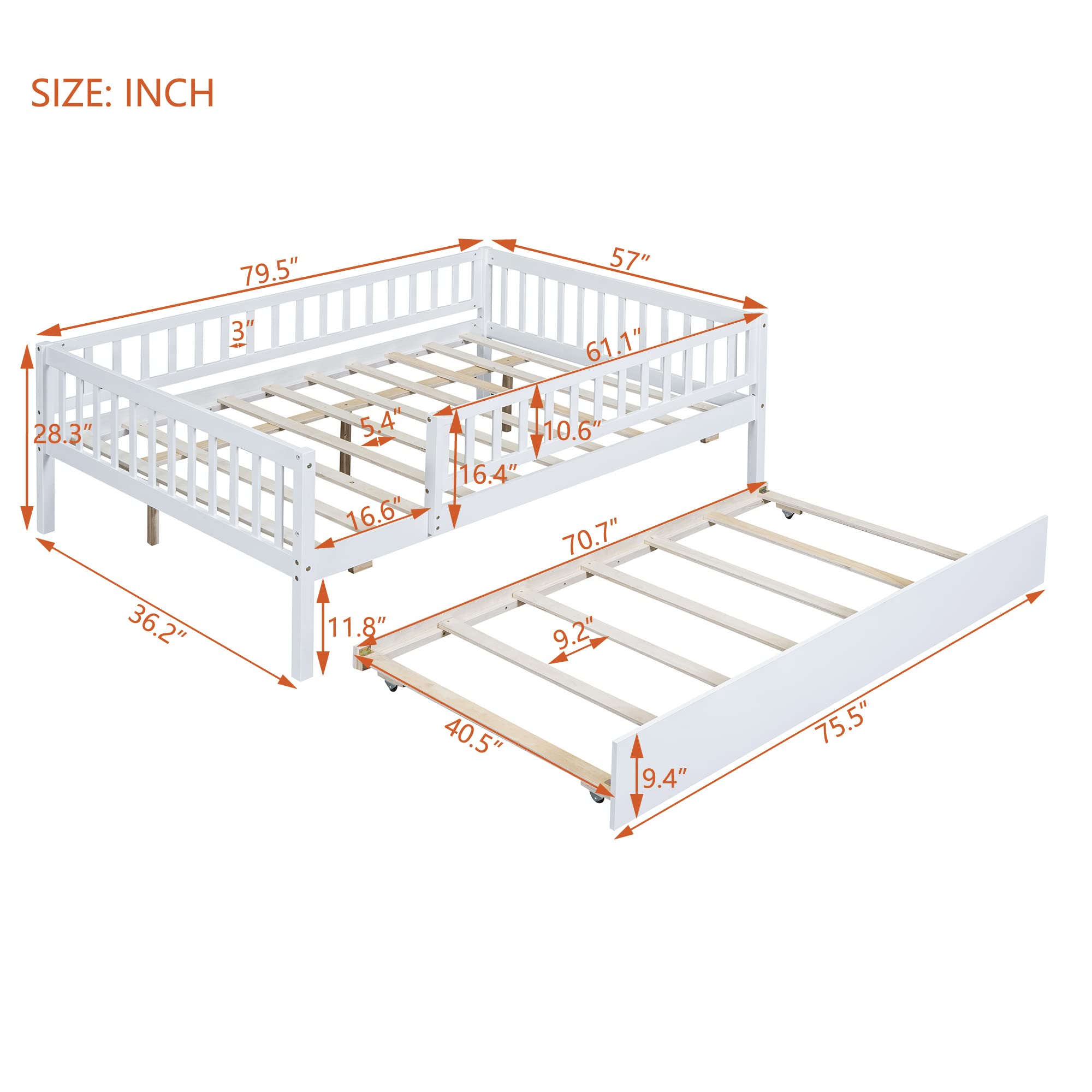 DEINPPA Full Size Wooden Daybed with Trundle - Twin Kids Bed Frame with Safety Guardrails for Boys, Girls, Toddlers & Children - White | Perfect for Nursery, Playroom & Small Bedroom Spaces