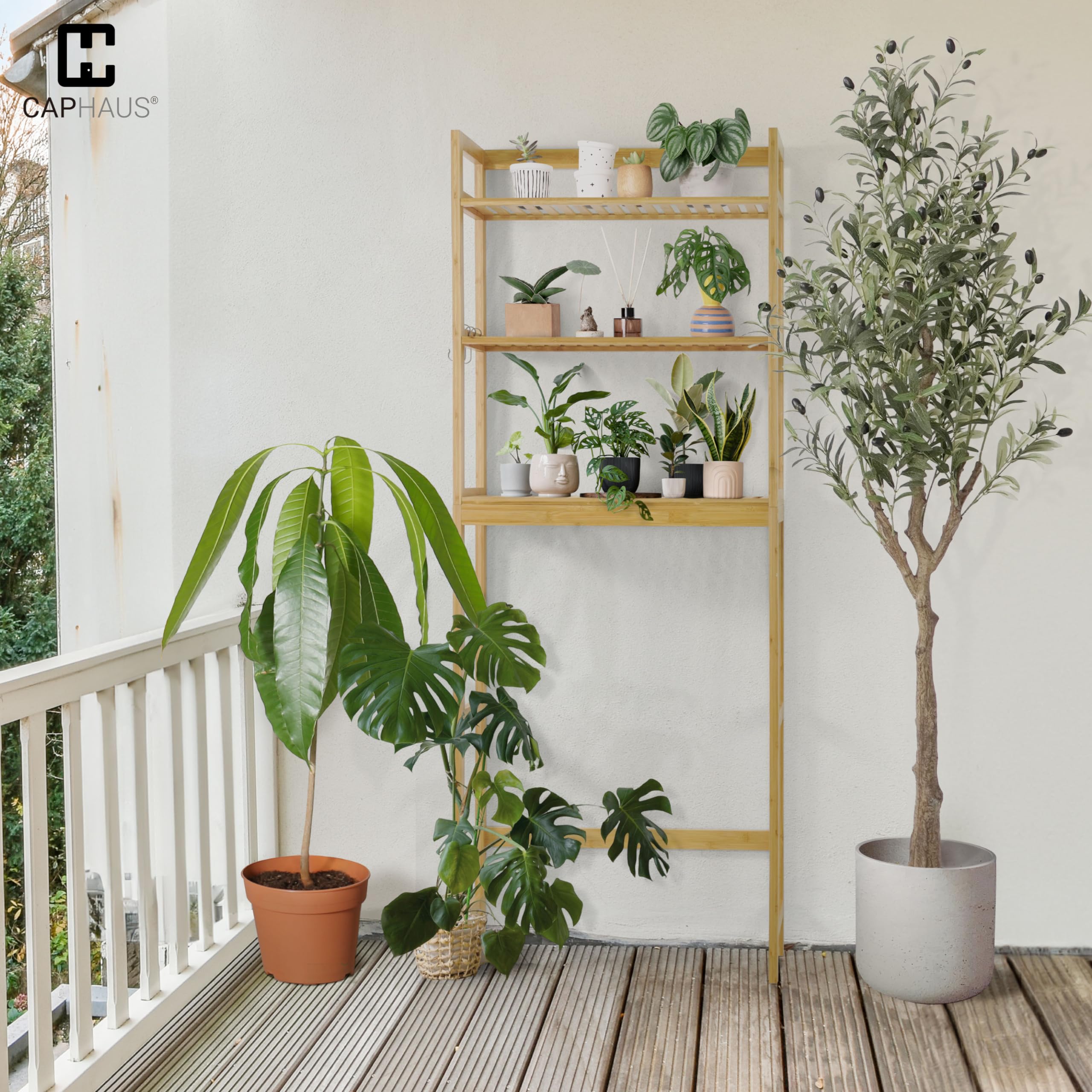CAPHAUS 24-Inch Bamboo Over The Toilet Storage Shelf with Hooks & Adjustable Feet - Freestanding Bathroom Organizer Rack for Toilet Paper, Towels & Laundry - Perfect for Small Bathrooms, Balcony Plant Display & Home Decor