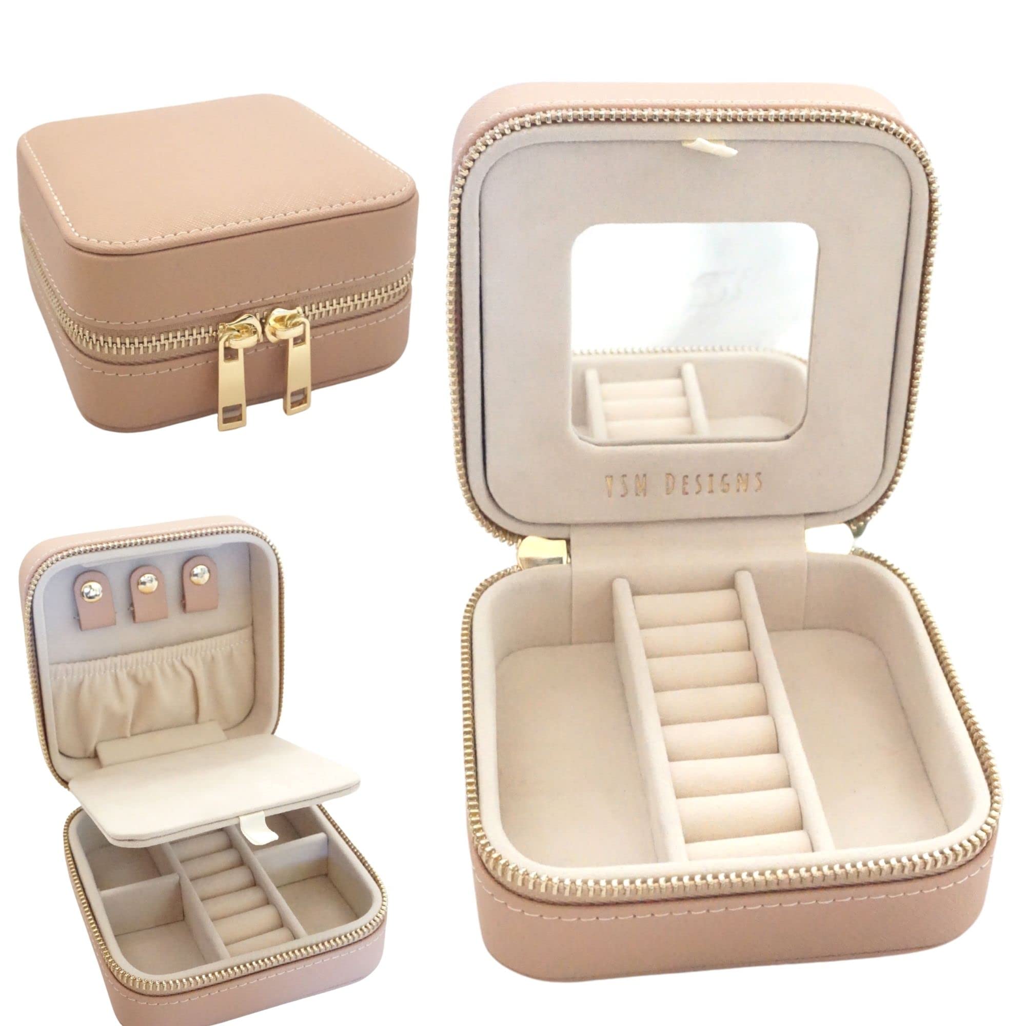 YSM Designs Travel Jewelry Organizer Box - Portable Jewelry Case for Women with Mirror | Compact Earring & Necklace Storage | Beige Jewelry Box for Travel, Vacation & Daily Use