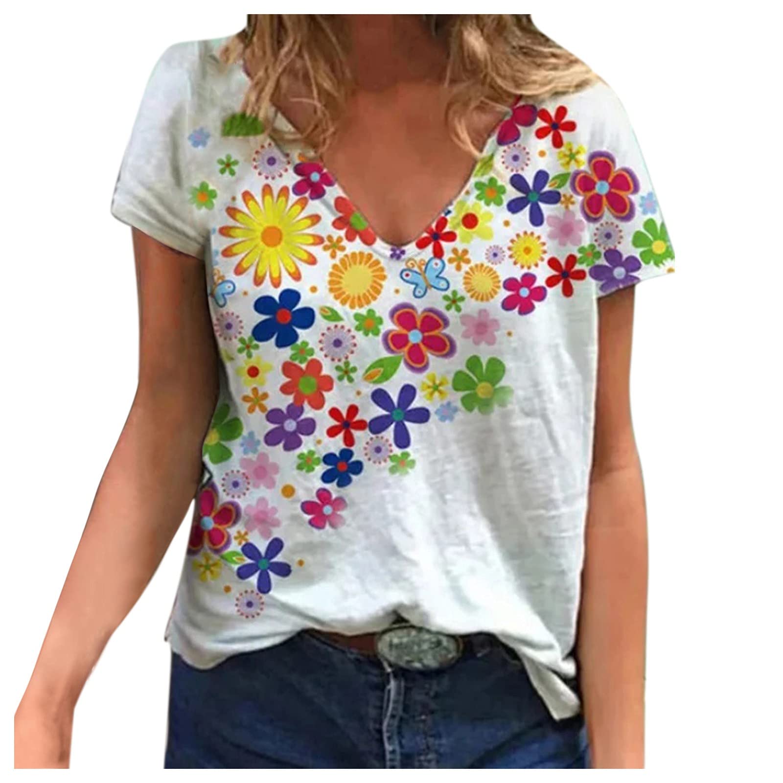 Women's Summer Short Sleeve Blouse - Round Neck Hollow Contrast Print Tops for Casual Wear, Office & Date Night Outfits