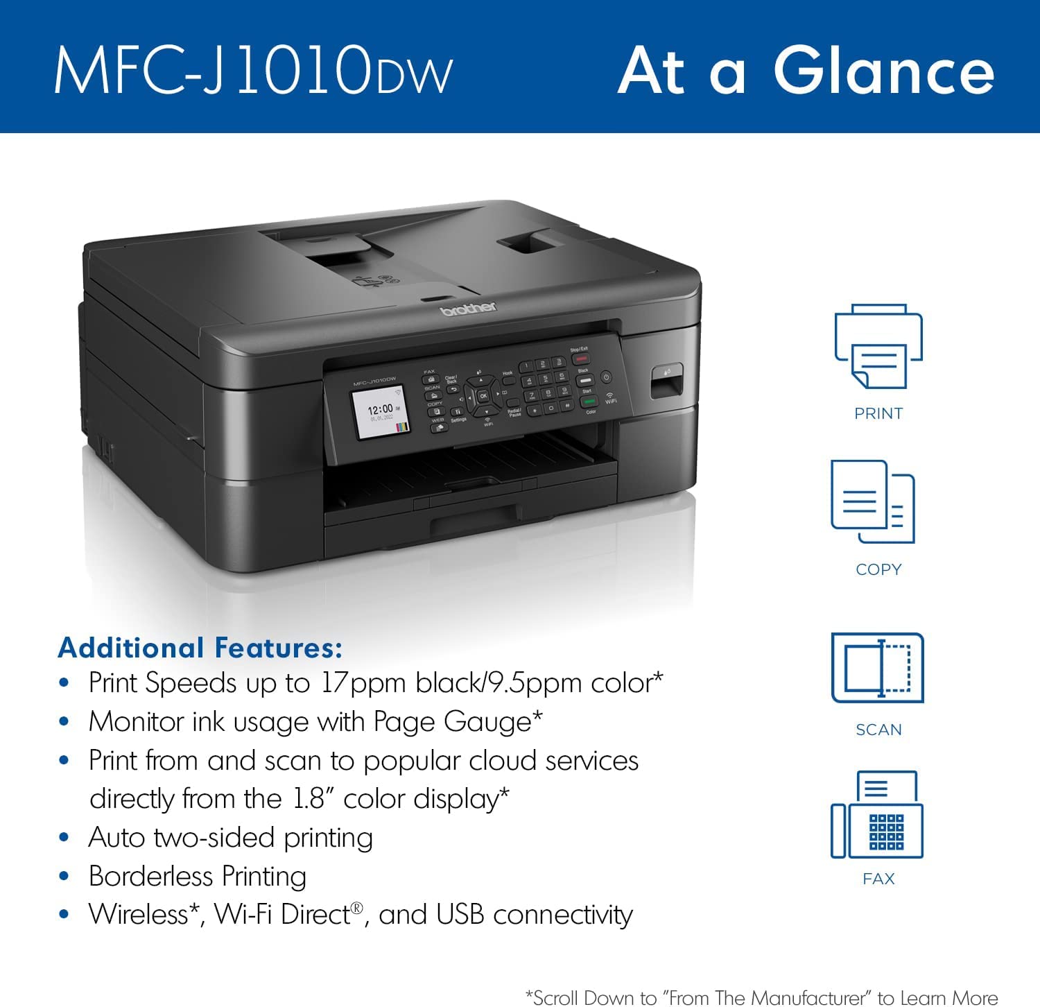 Brother MFC-J10 Wireless Color Inkjet All-in-One Printer - Print, Copy, Scan & Fax | 9.5ppm Speed | 150-Sheet Capacity | 1.8