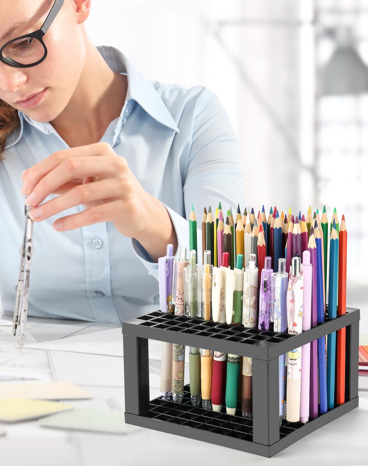 QWORK 96 Hole Plastic Pencil & Brush Holder Organizer - 4 Pack Desk Storage Stand for Pens, Brushes, Colored Pencils, Modeling Tools - Perfect for Artists, Students & Office Organization