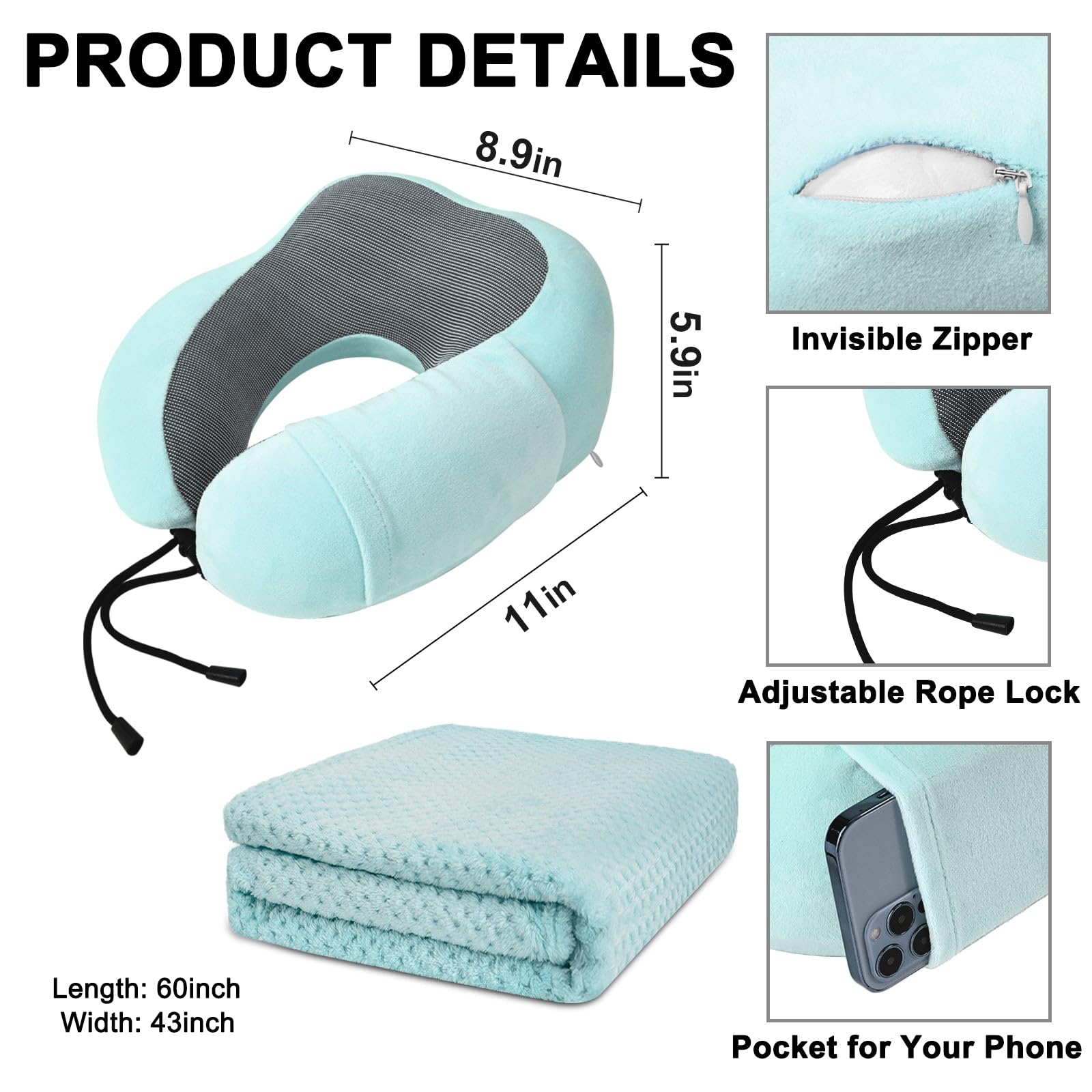 Memory Foam Travel Pillow and Blanket Set - Compact Neck Pillow for Airplane, Car & Office - Includes Carry Bag (Blue & Green) | Perfect for Long Flights, Road Trips & Business Travel