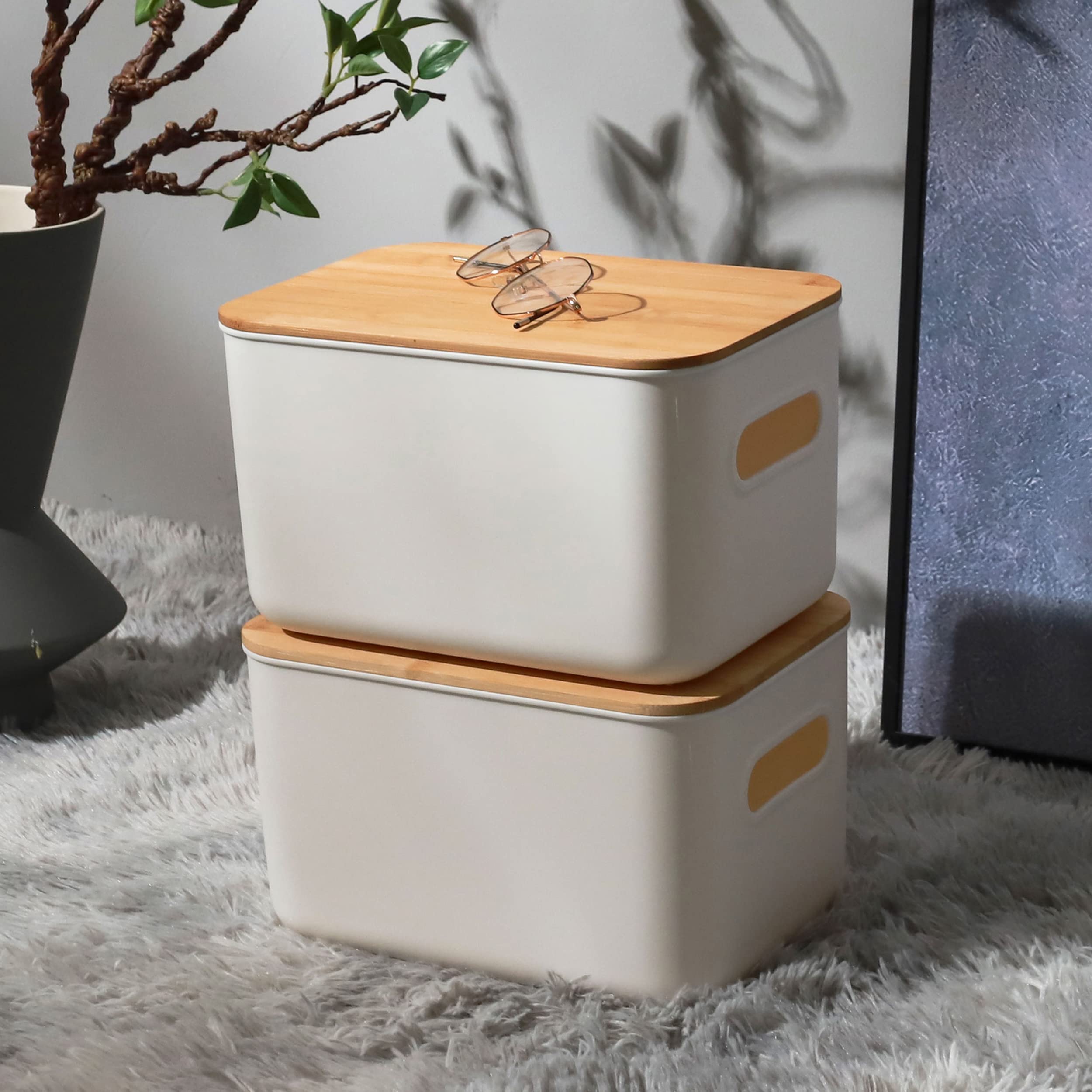 4-Pack Stackable Plastic Storage Bins with Bamboo Lids - 10.24 x 7.01 x 6.1 Inch Organizing Containers for Pantry, Closet & Office - Includes Labels & Marker | Space-Saving Home Organization Solution