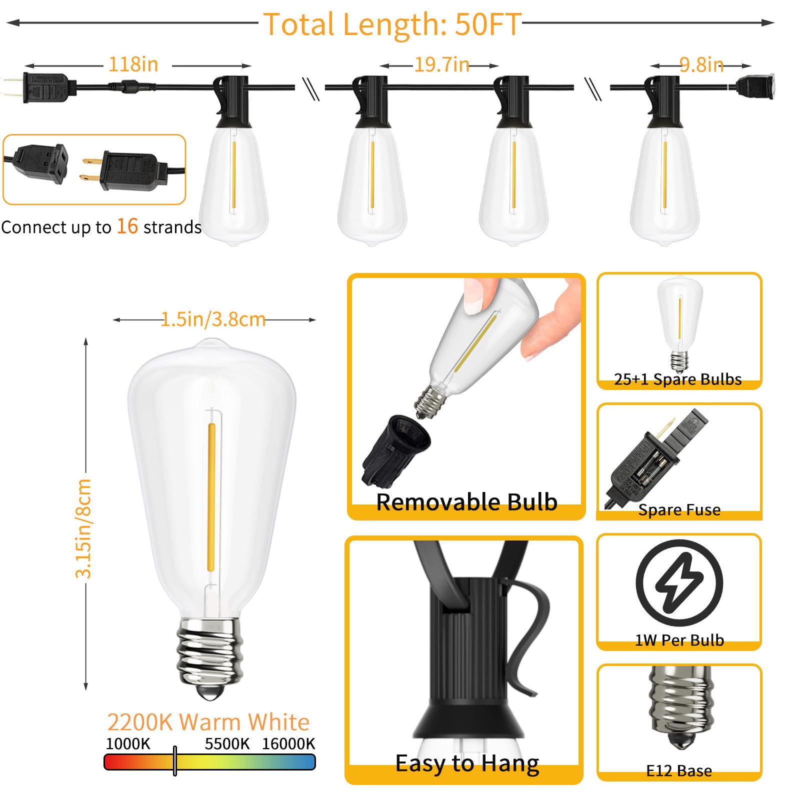 50 FT Outdoor String Lights with 25+1 Dimmable LED Shatterproof Waterproof Bulbs - Connectable Hanging Lights for Patio, Backyard, Porch, Balcony & Party Decor | Perfect for Bistro, Garden, Wedding & Outdoor Dining Ambiance
