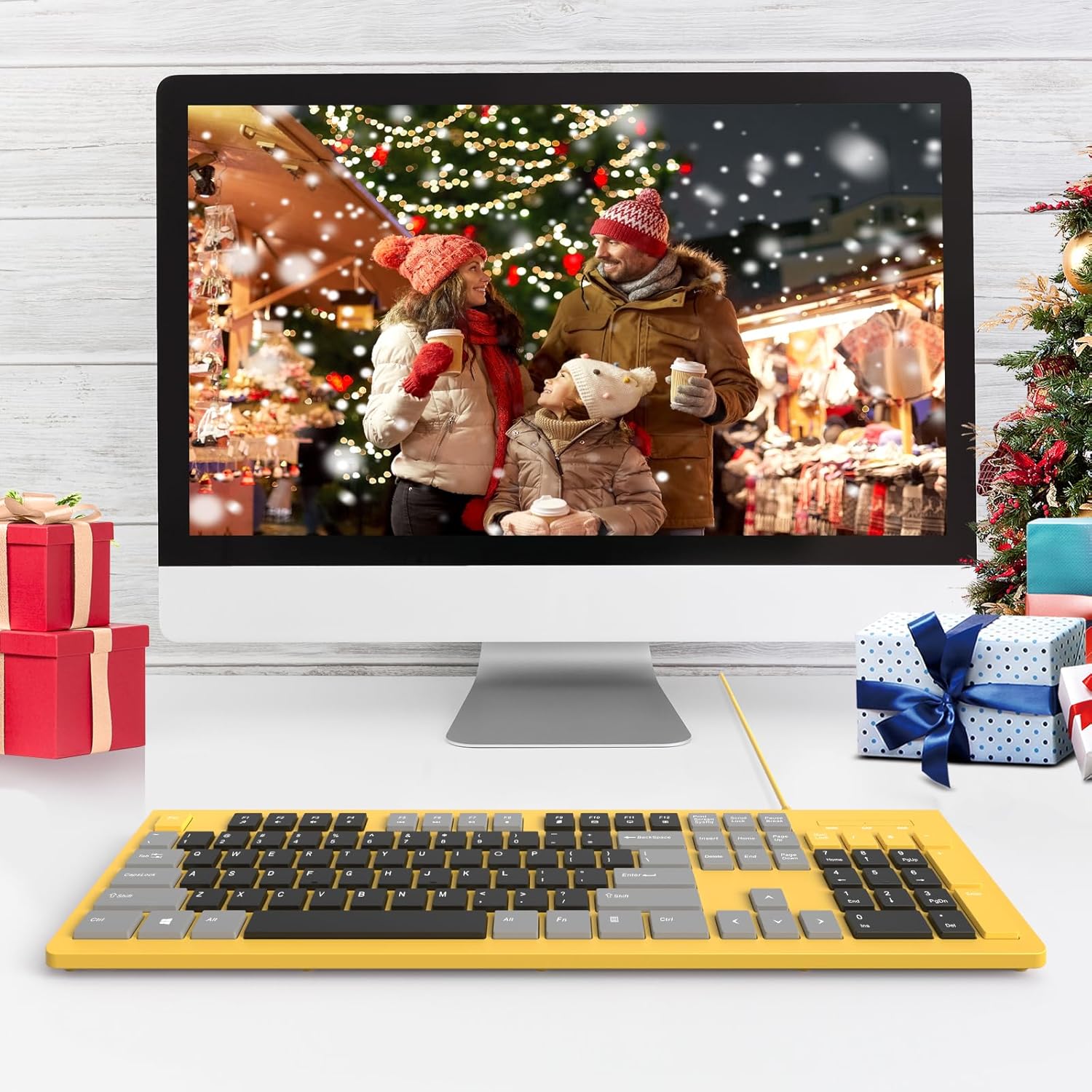 USB Wired Computer Keyboard with Low Profile Chiclet Keys - Full Size Mechanical Keyboard with Number Pad, Spill Resistant & Anti-Wear Letters (Yellow) - Perfect for Office, Gaming & Home Use