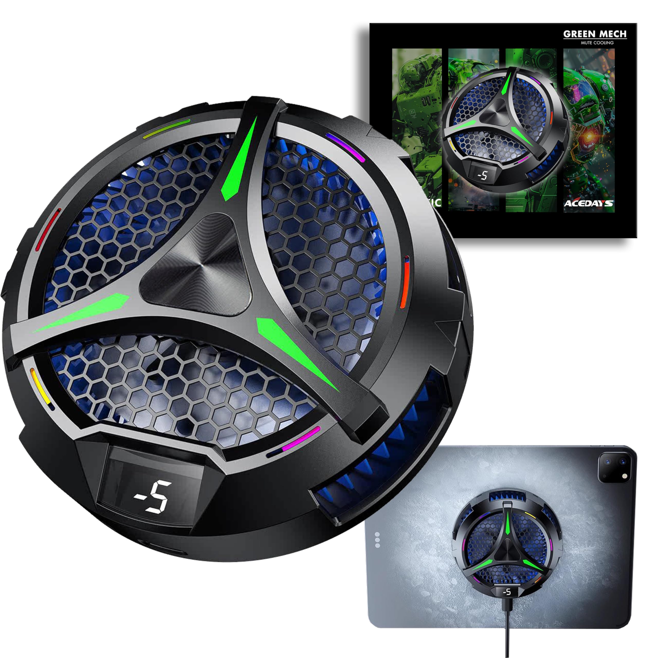 Magnetic Cooler for iPad & Tablets, Universal Radiator with Temperature Display for iPad/Surface Pro/Samsung Tab, Ideal for Mobile Gaming & TikTok Live Streaming (Green Mech)