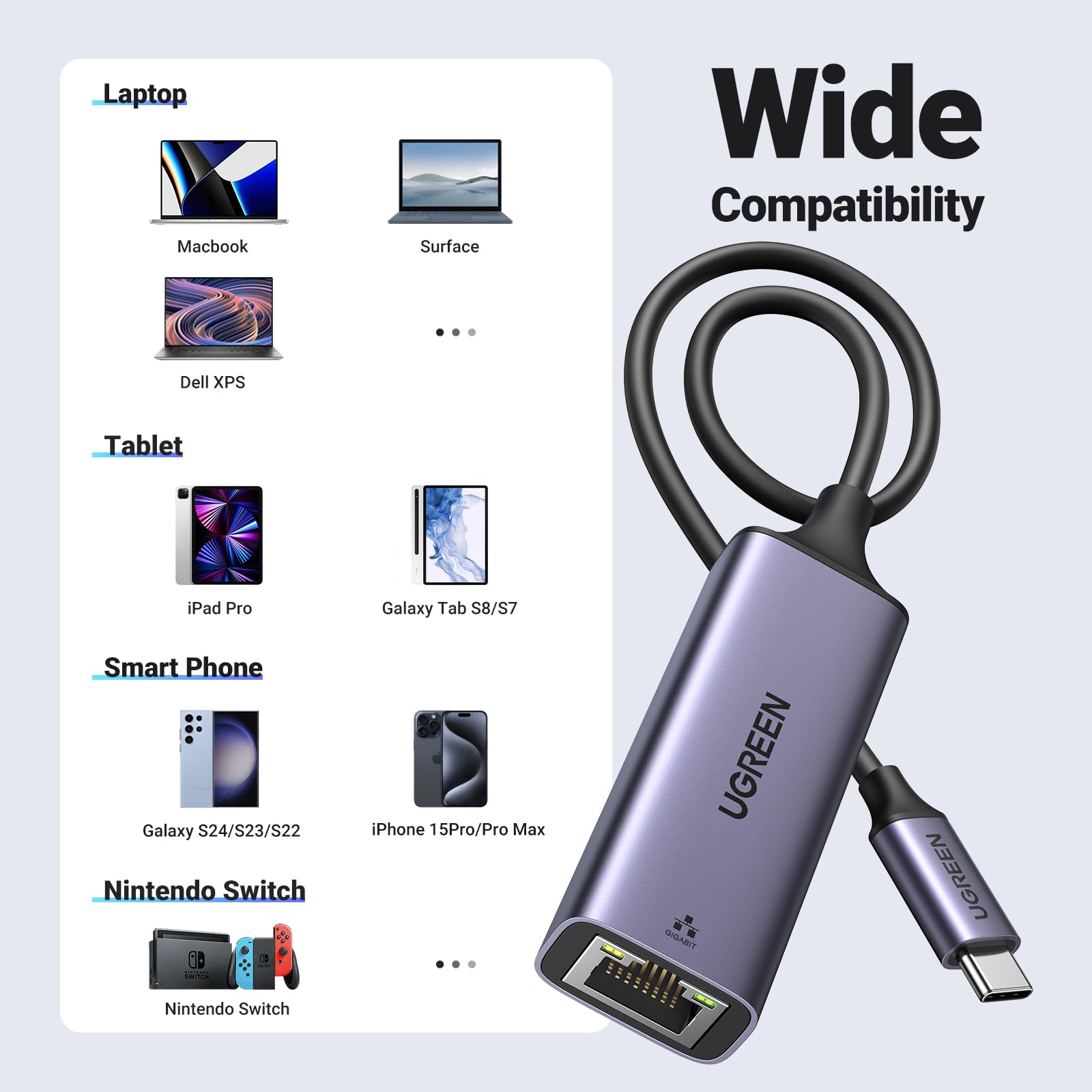 UGREEN USB C to Ethernet Adapter 1.6FT - Gigabit RJ45 to USB 3.0 Type-C Thunderbolt 3 LAN Network Dongle - Compatible with MacBook Pro, iPad Pro, Dell XPS, Surface Pro - Fast Wired Internet for Home Office, Gaming & Video Conferencing