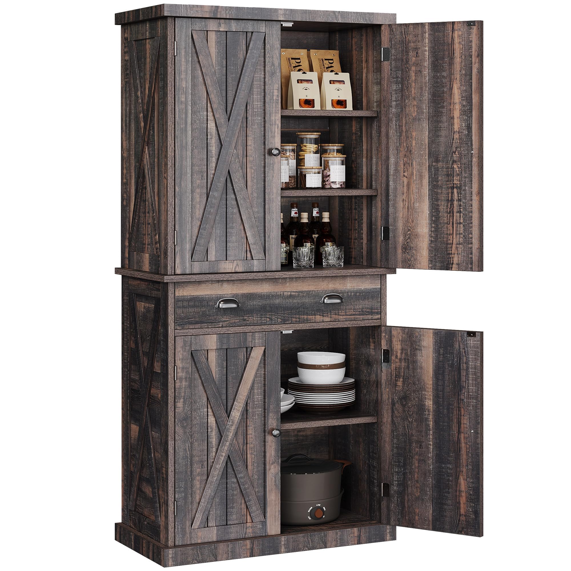 YITAHOME 72'' Farmhouse Kitchen Pantry with Drawer & Adjustable Shelves, Dark Rustic Oak Wood Storage Cabinet for Kitchen, Dining Room, Living Room, Perfect for Organizing Dishes, Food, and Home Decor
