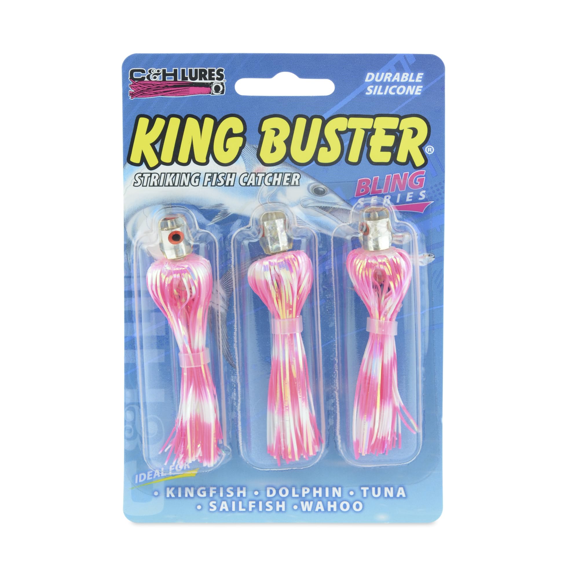 C&H Lures King Buster Bling Series Fishing Lures - Holographic Silicone Skirt, 2.5 Inch Saltwater Fishing Bait (3 Pack) - Proven Effective Tournament Lures for Bass, Walleye & Trout - Perfect for Deep Sea, Pier & Shore Fishing