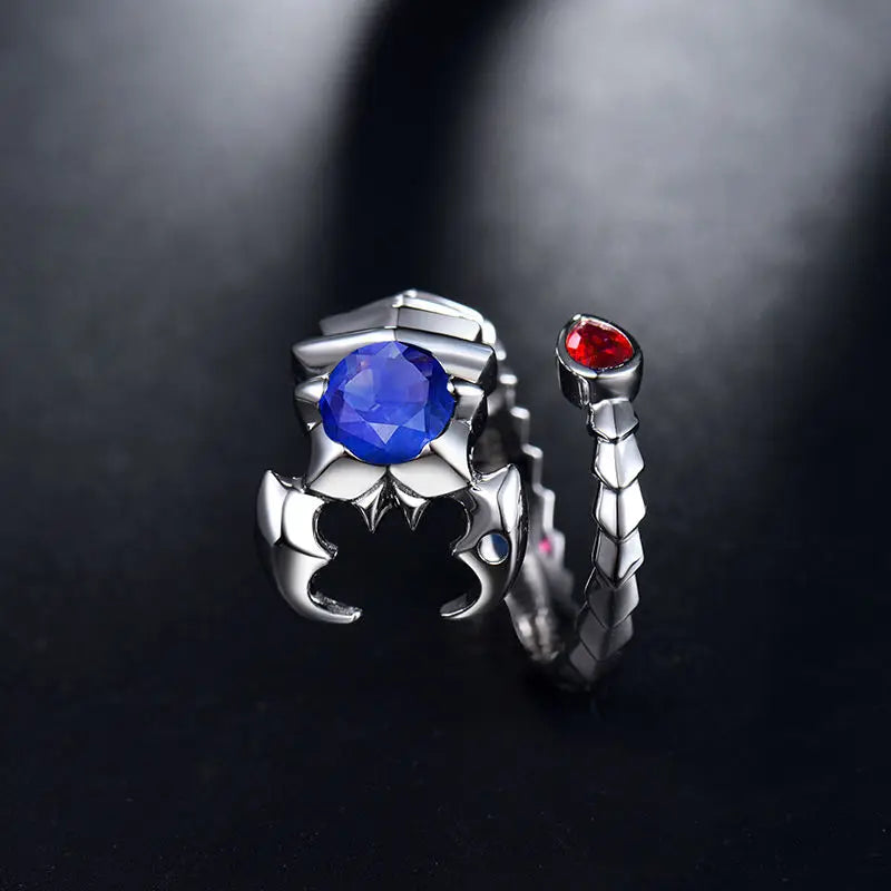 14K White Gold Scorpion Ring with Blue Sapphire & Red Ruby - Elegant Jewelry for Women, Unique Gift for Birthdays & Anniversaries