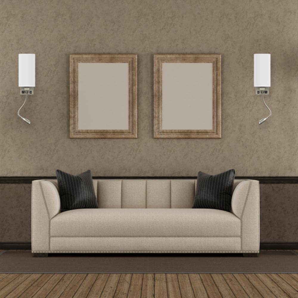 LEDMyplace Modern Swing Arm Wall Sconce Light - 120V LED Reading Light with USB Port & Outlet, Brushed Nickel Finish & White Acrylic Shade - Perfect for Bedroom, Living Room, Study & Office (Pack of 2)